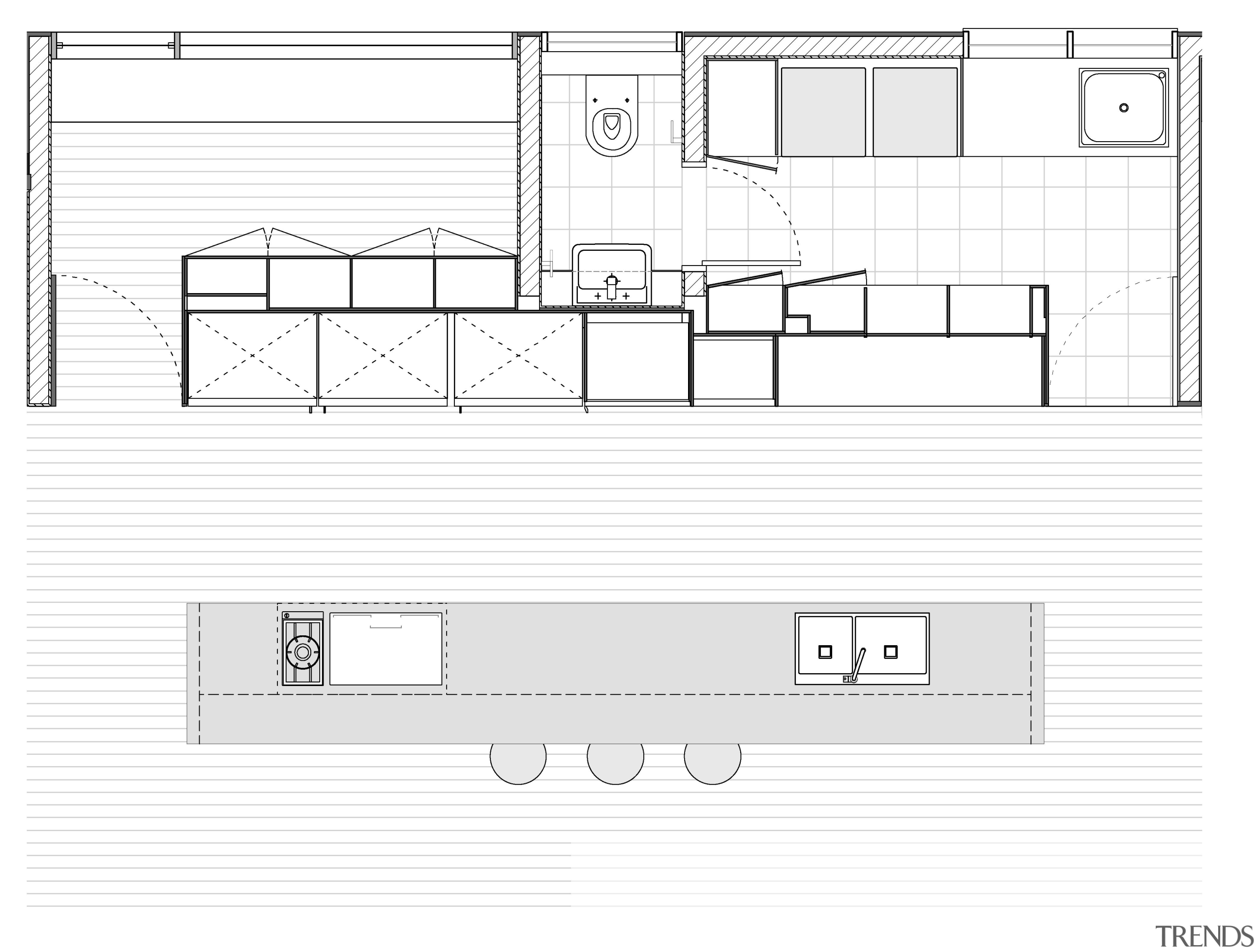 This kitchen design includes a pantry and laundry architecture, area, black and white, design, diagram, drawing, elevation, floor plan, font, line, line art, plan, product, product design, structure, technical drawing, text, white