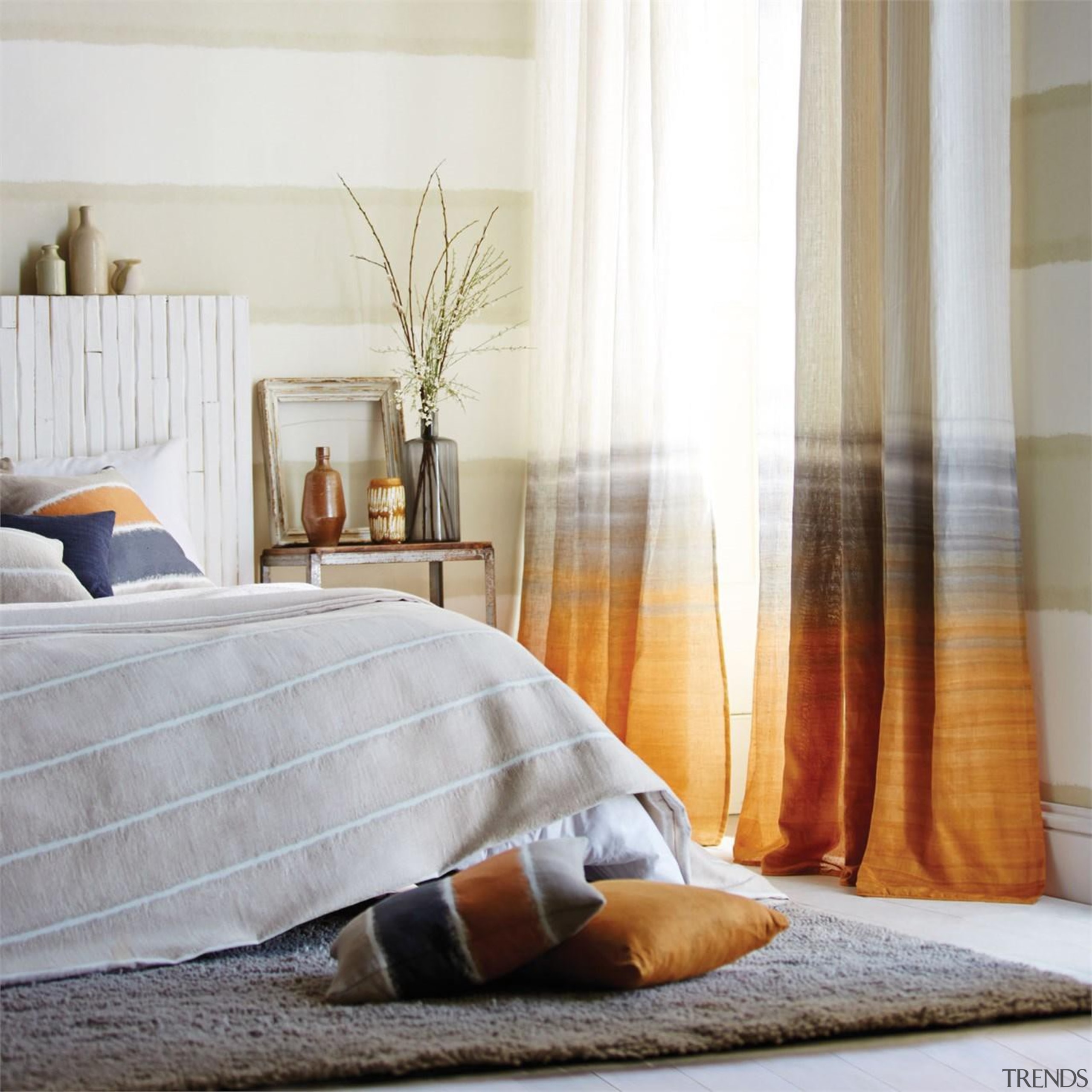 This dip dyed voile by Harlequin on these bed, bed frame, bed sheet, bedding, bedroom, curtain, duvet cover, floor, flooring, furniture, home, interior design, linens, living room, mattress, room, suite, textile, window, window covering, window treatment, wood, gray, white