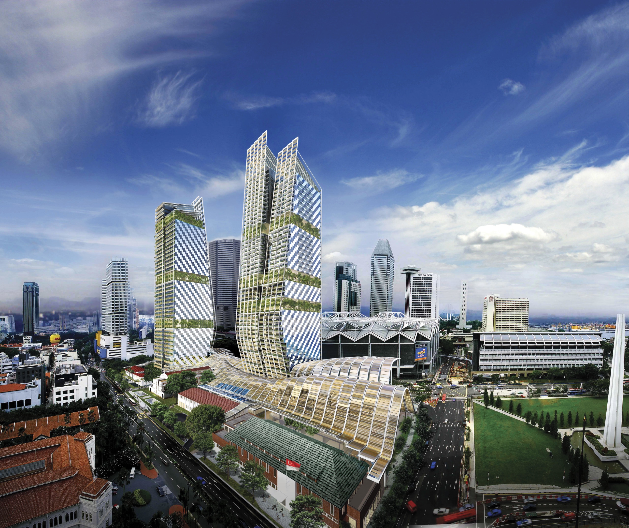 Distinctive new Grade A office developments in Singapore bird's eye view, building, city, cityscape, condominium, daytime, downtown, landmark, metropolis, metropolitan area, mixed use, sky, skyline, skyscraper, tower block, urban area, blue