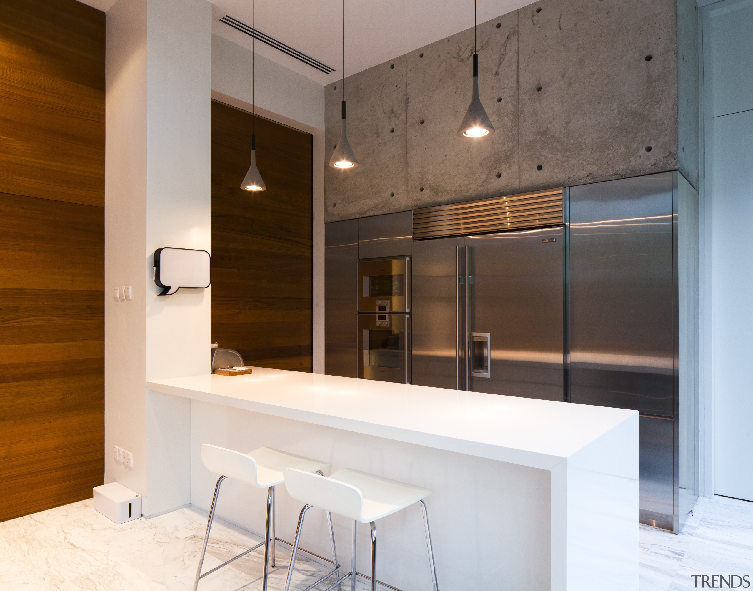 Exposed concrete walls add an industrial aesthetic to architecture, countertop, interior design, kitchen, white, brown