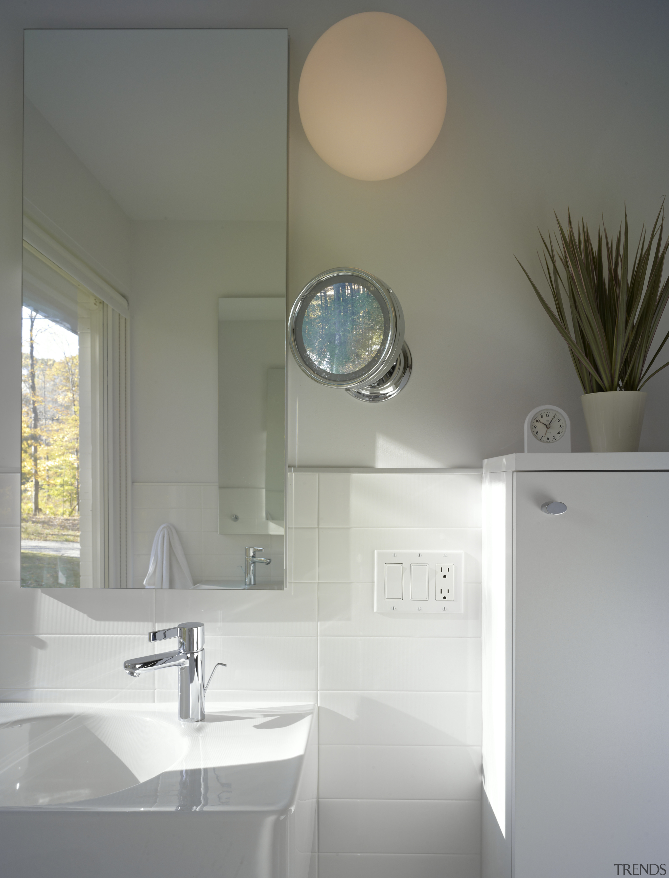 updated this 1960s house for his own familys architecture, bathroom, bathroom accessory, bathroom sink, ceiling, daylighting, glass, home, house, interior design, lighting, product design, room, sink, tap, window, gray