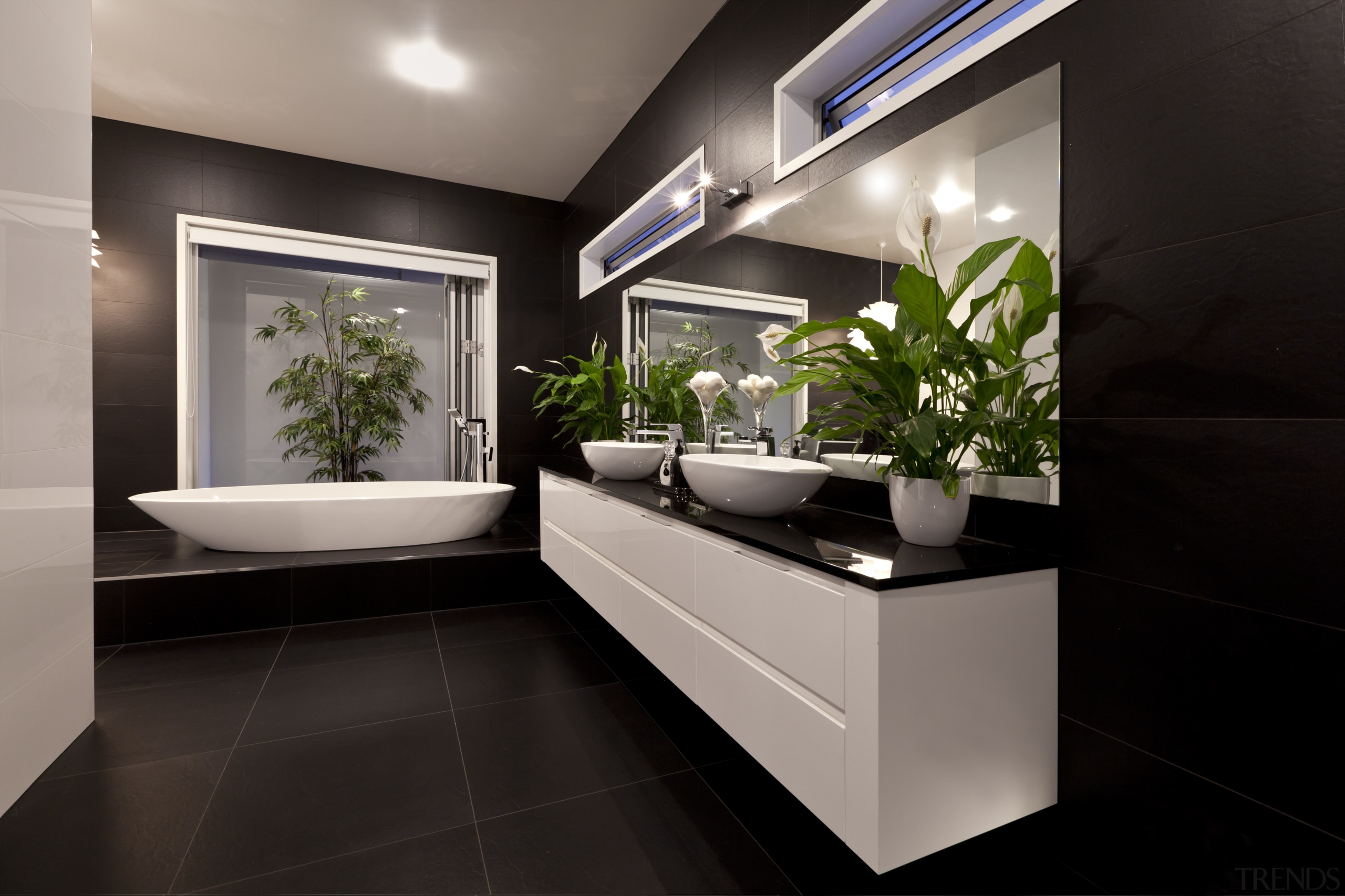 Bathroom with black floor and wall tiles, white bathroom, interior design, product design, room, black, gray