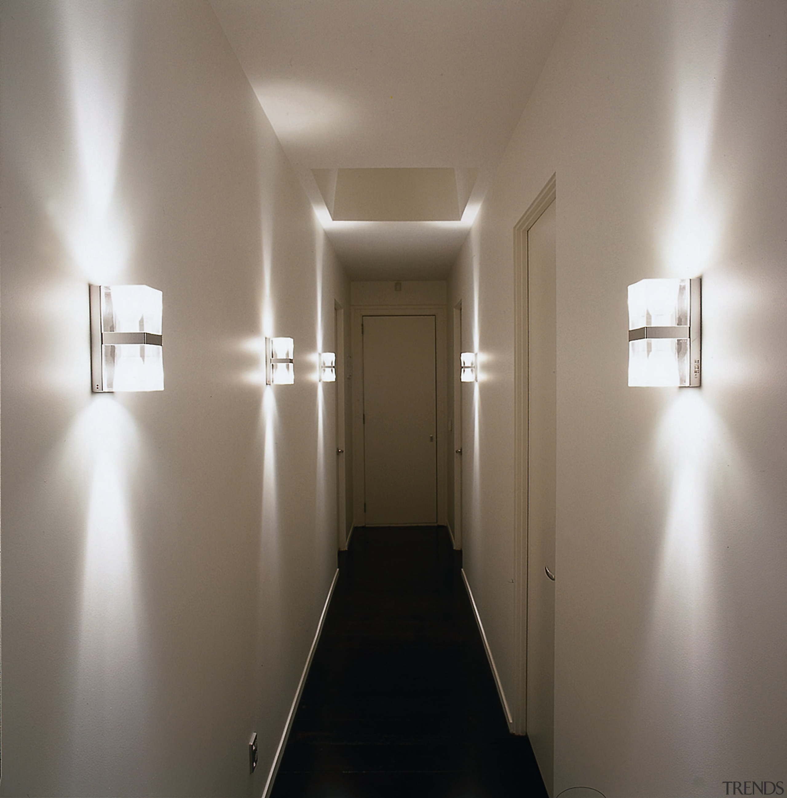 view of hallway lighting - view of hallway apartment, architecture, ceiling, daylighting, floor, hall, home, house, interior design, light, light fixture, lighting, property, window, gray