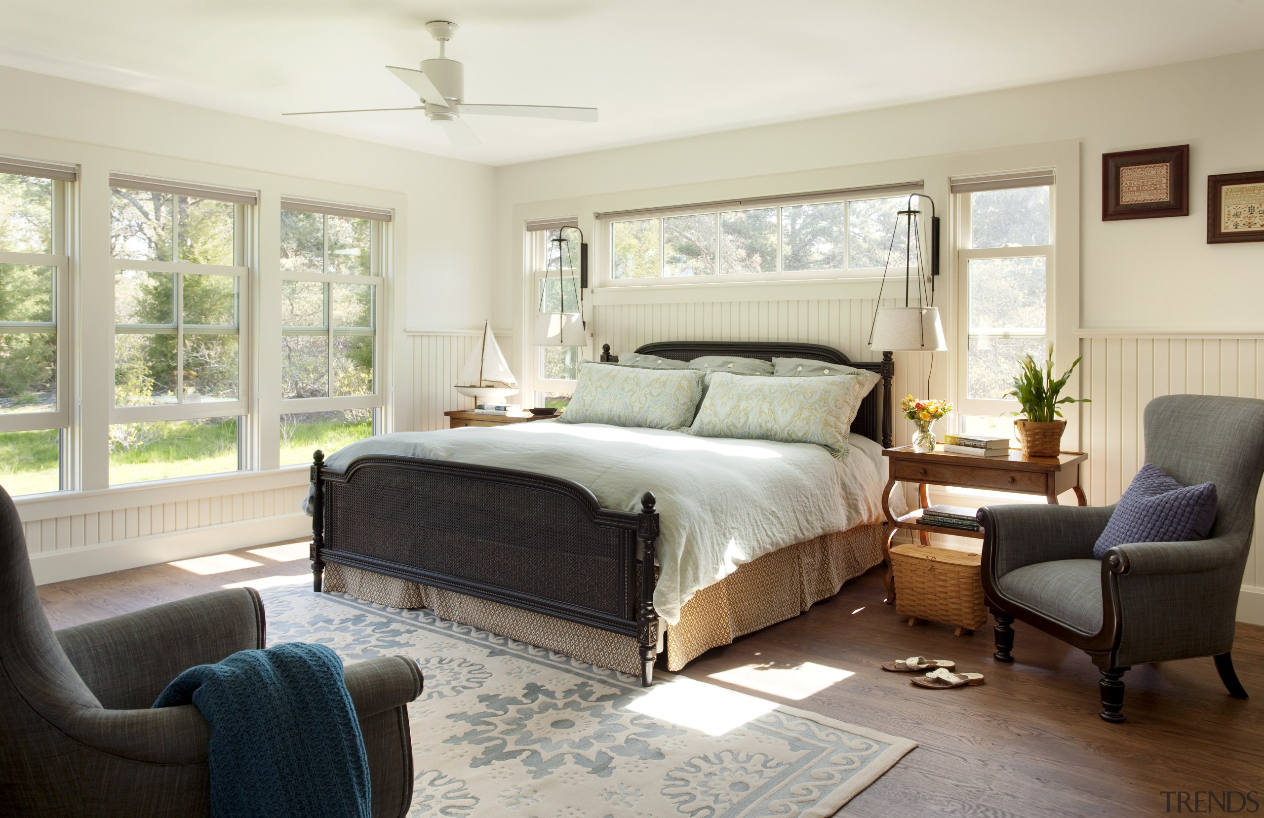 View of the master bedroom. - View of bed, bed frame, bedroom, ceiling, estate, floor, furniture, home, interior design, living room, mattress, real estate, room, window, window covering, window treatment, wood, gray, white