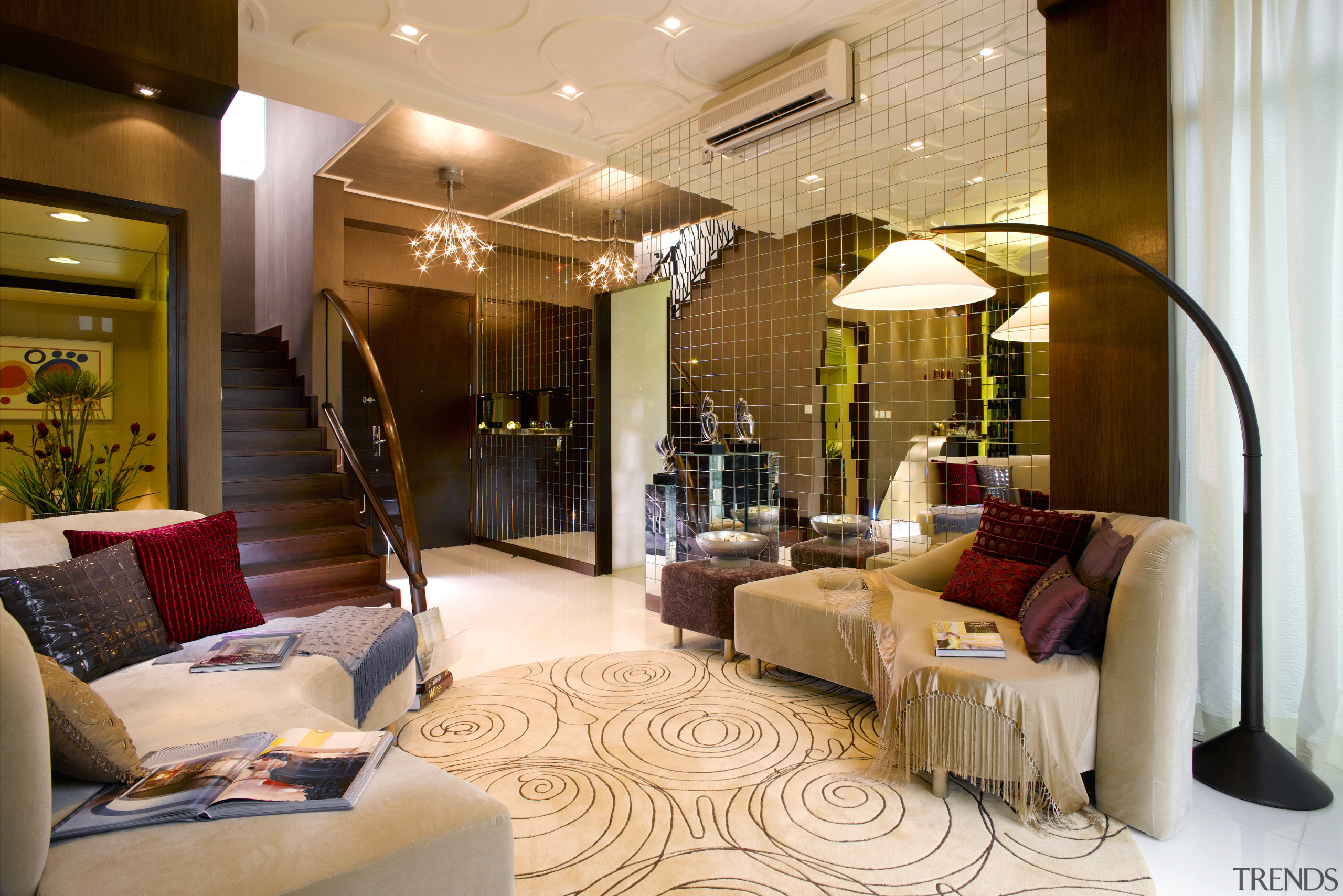 A view of the living area, marble flooring, ceiling, home, interior design, living room, lobby, room, orange