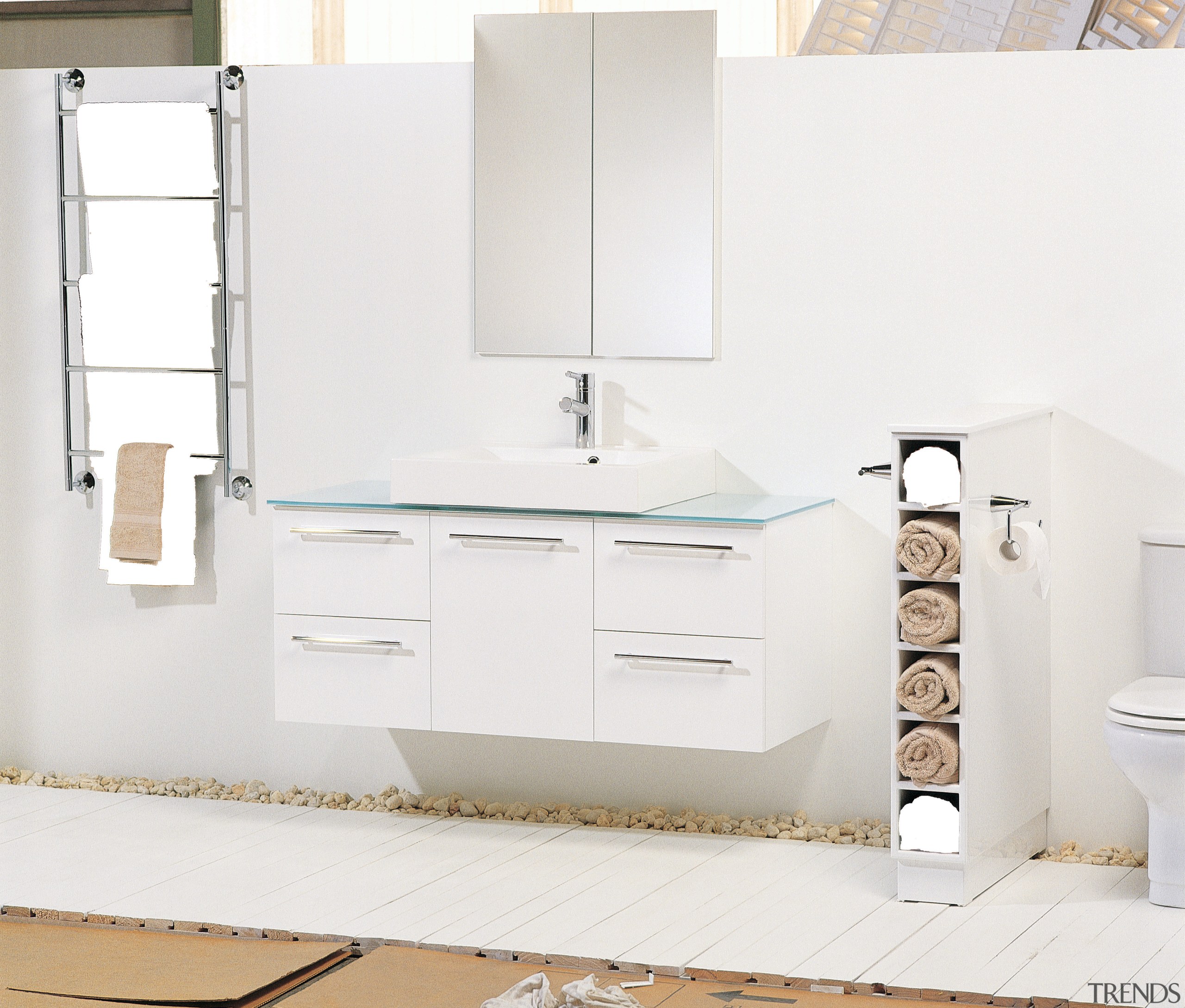 White bathroom with wall mounted vanity, glass top bathroom, bathroom accessory, bathroom cabinet, bathroom sink, plumbing fixture, product, product design, sink, tap, white
