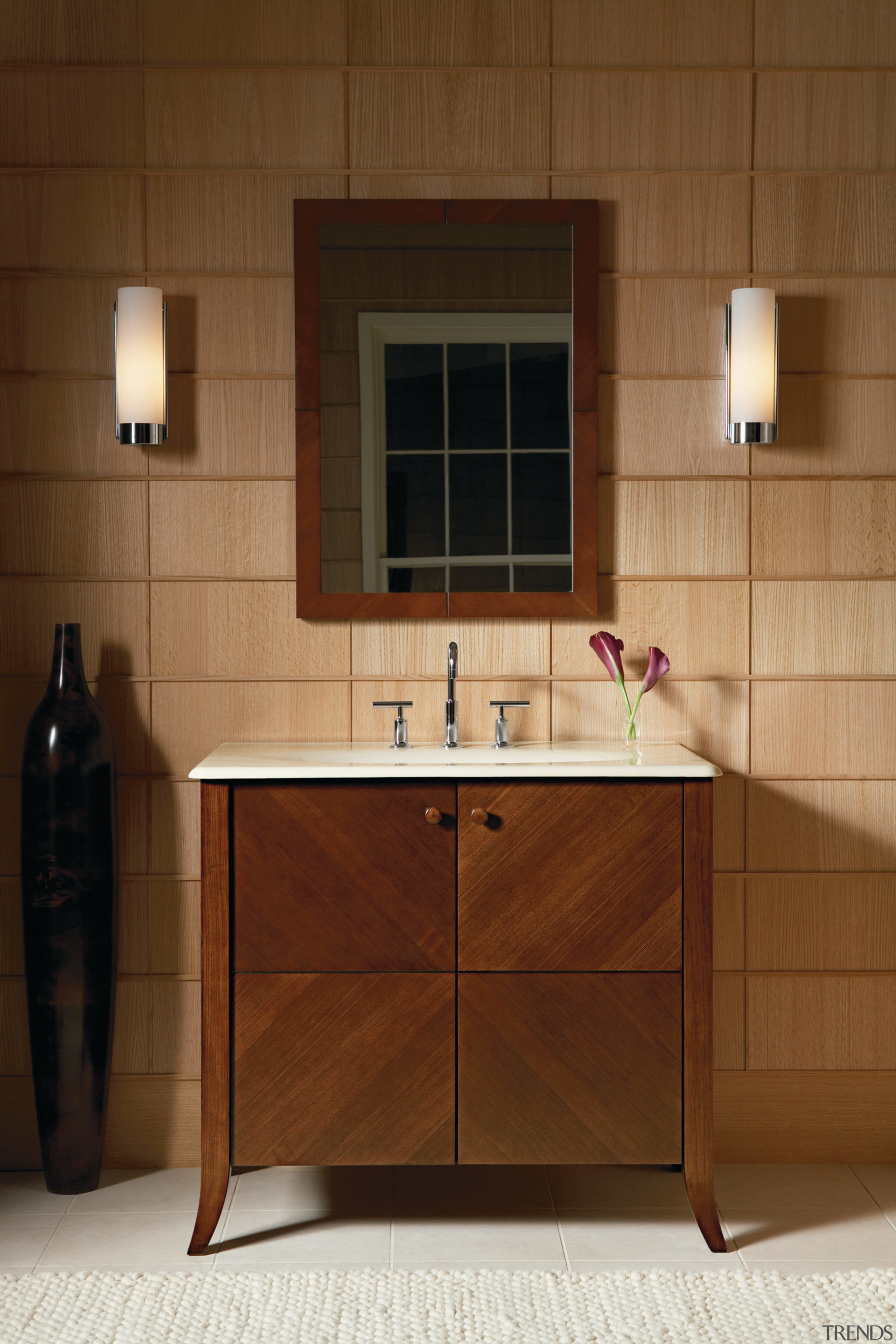 View of Kohler bathroomware. - View of Kohler bathroom, bathroom accessory, bathroom cabinet, cabinetry, countertop, floor, flooring, furniture, hardwood, interior design, product design, room, sink, tile, wood stain, brown