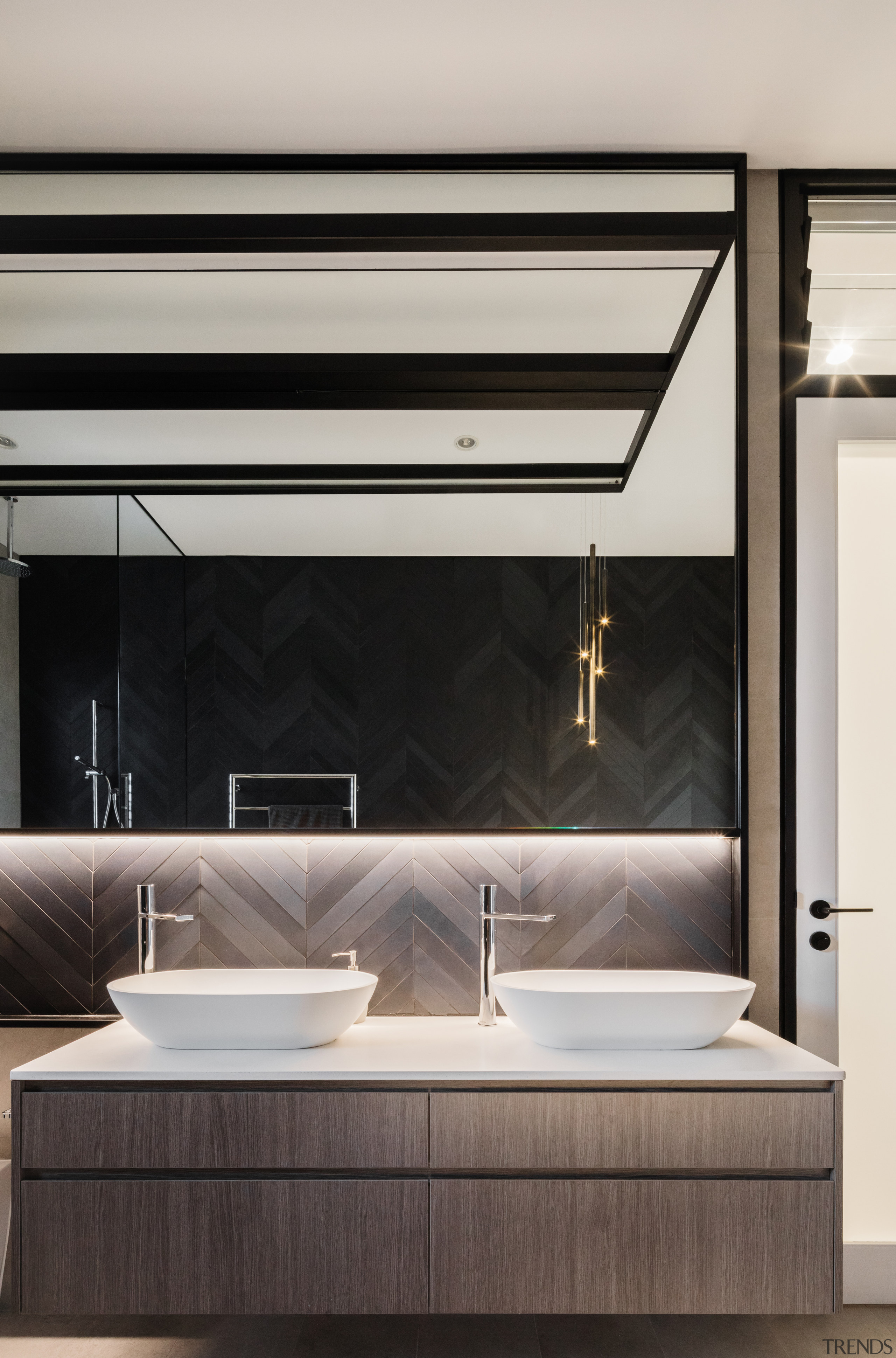 ​​​​​​​Oak-look vanity cabinet fronts complement the subtle tones architecture, bathroom design, sink, tap, gray, black, taps, vanity, Melonie Bayl-Smith,  Andrew Lee, Bijl Architecture