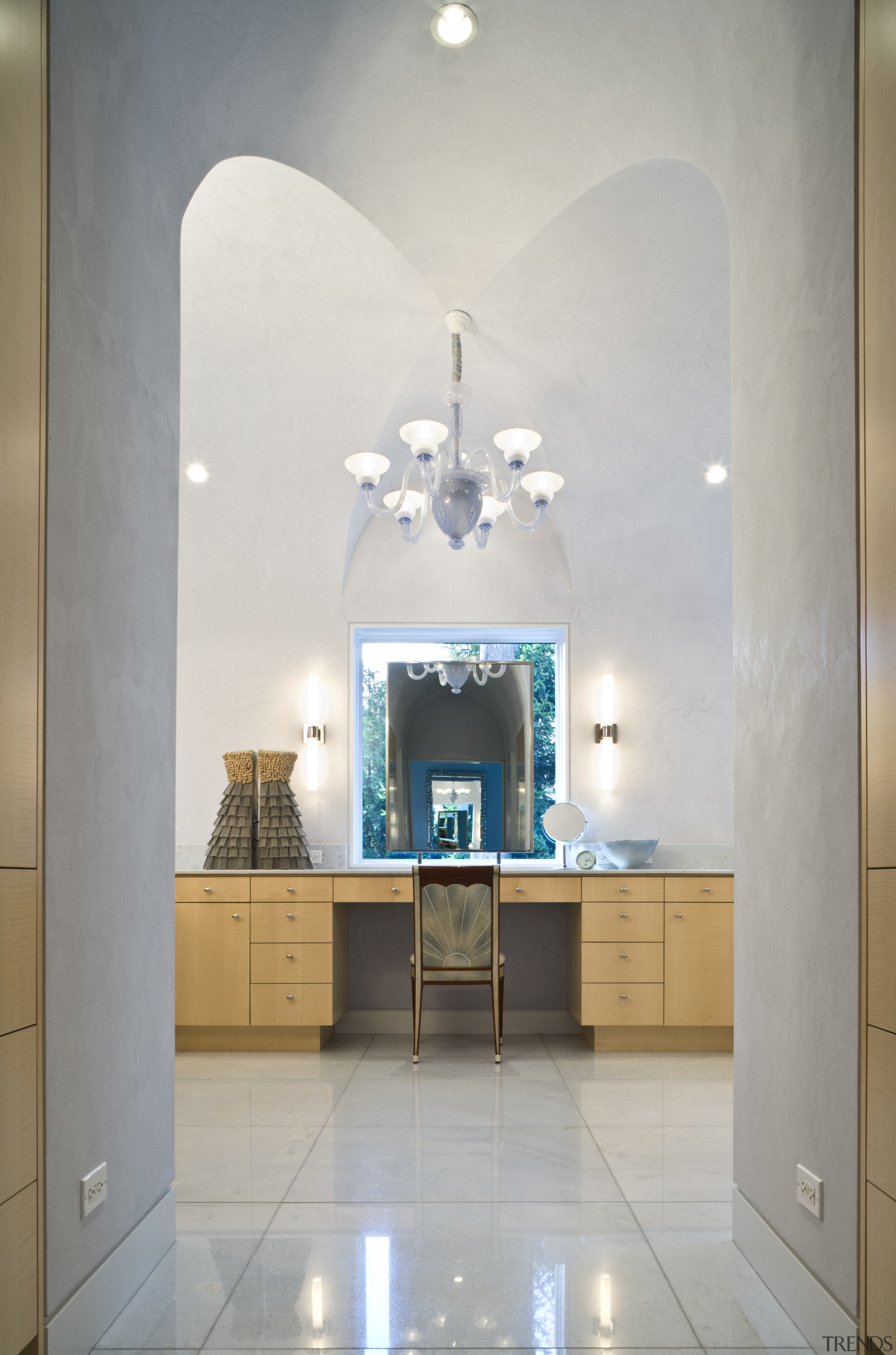 View of the master bathroom, marble floor, wooden architecture, ceiling, home, interior design, lighting, room, table, wall, gray