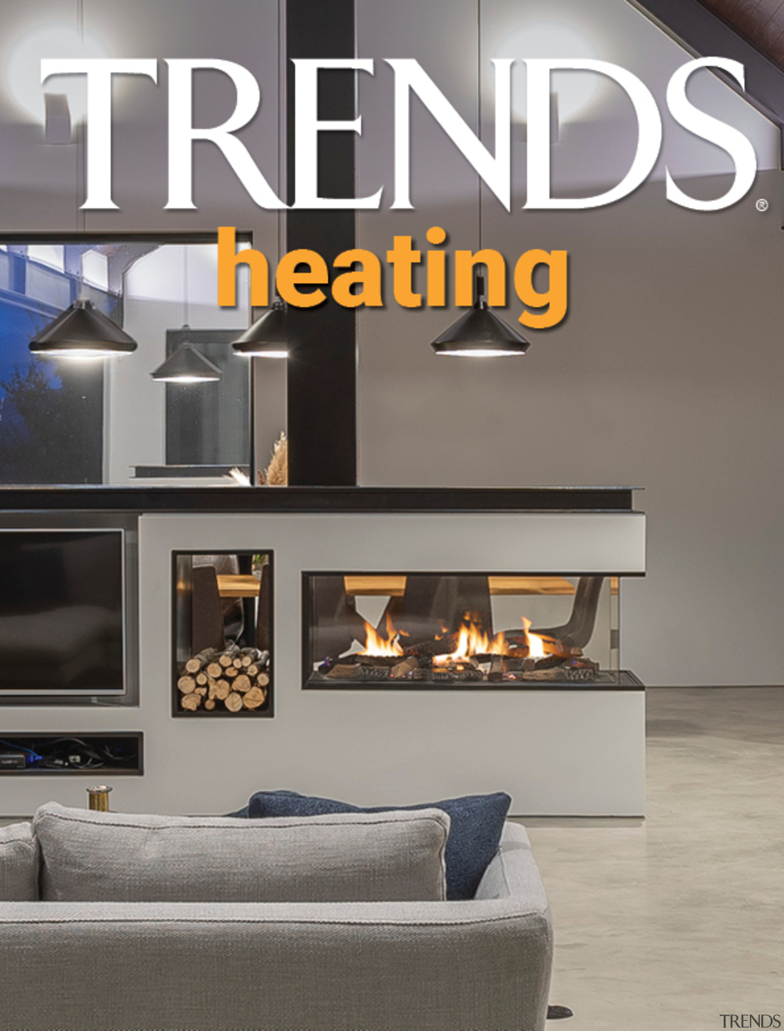 TRENDS MINI COVER 08 heating - architecture | architecture, ceiling, design, fireplace, floor, font, furniture, hearth, heat, home, house, interior design, lighting, living room, property, room, wall, gray
