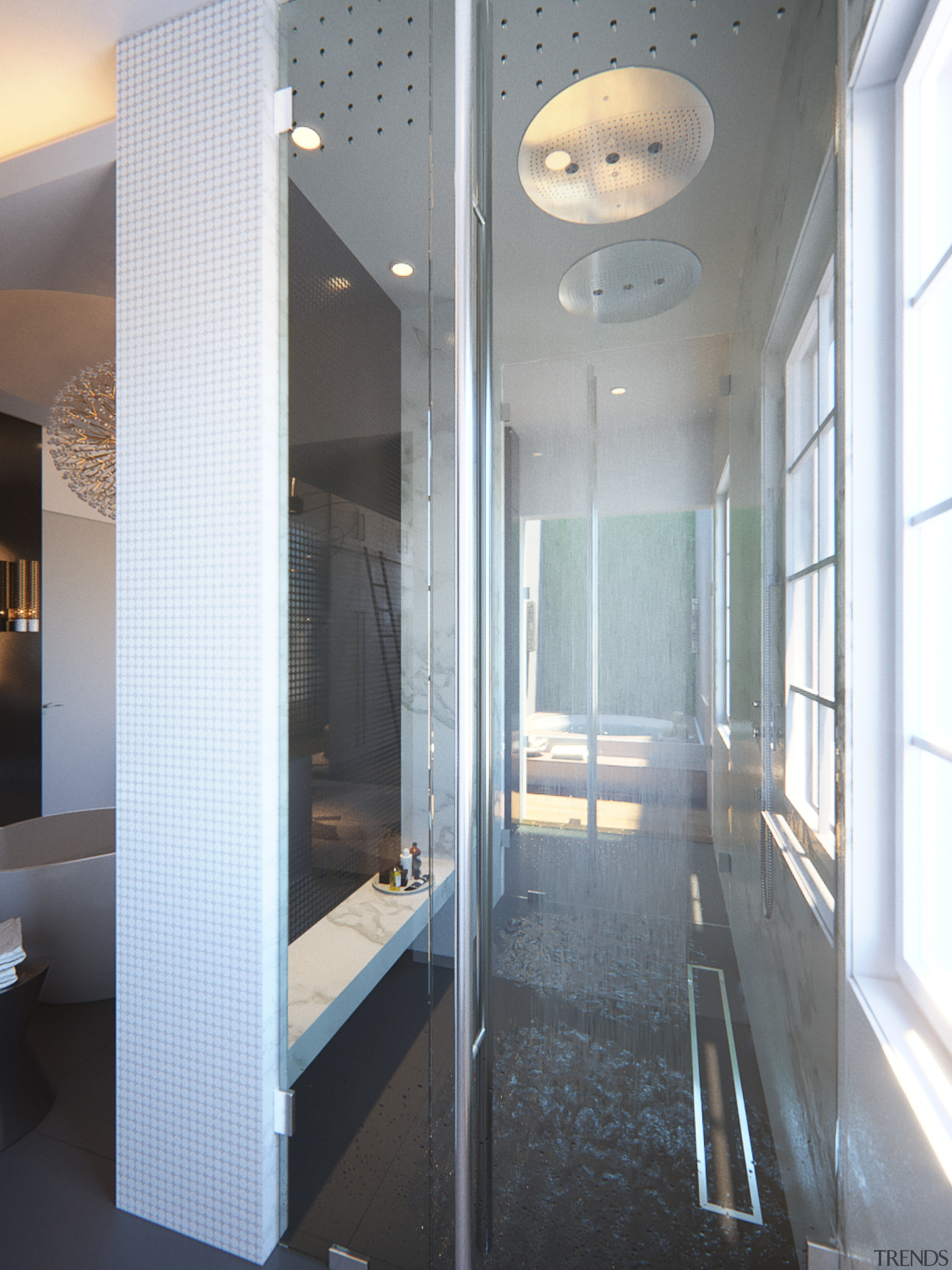 ​​​​​​​This shower zone is open at both ends architecture, floor, glass, house, interior design, Shower zone, spa bath