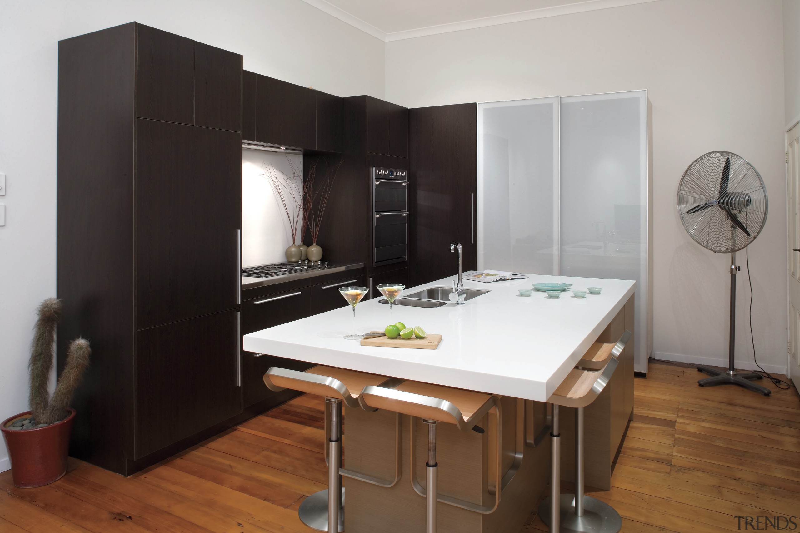 A view of the modern Smeg stainless steel furniture, interior design, kitchen, room, gray, black