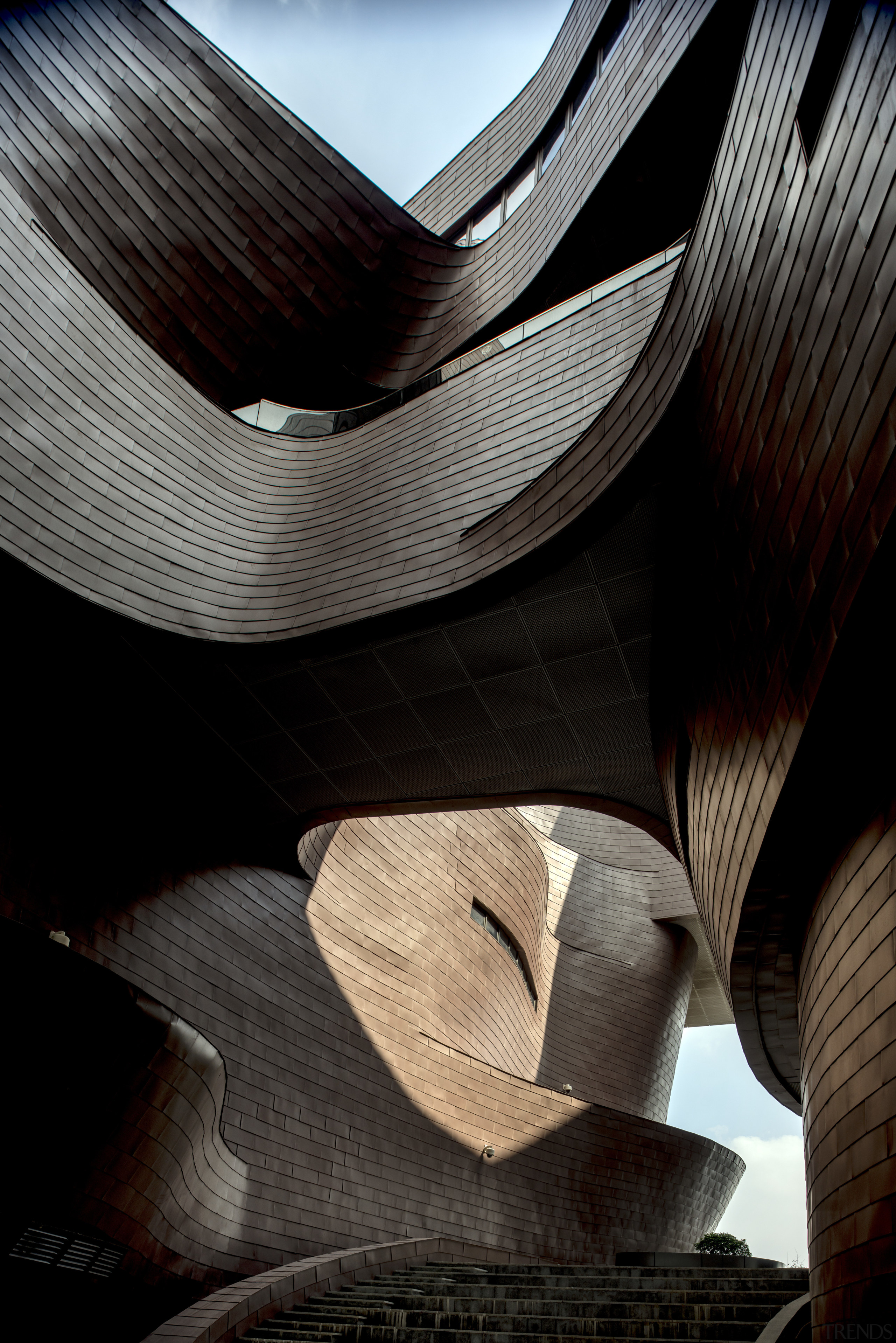 A view up past the podium level of architecture, design, line, black