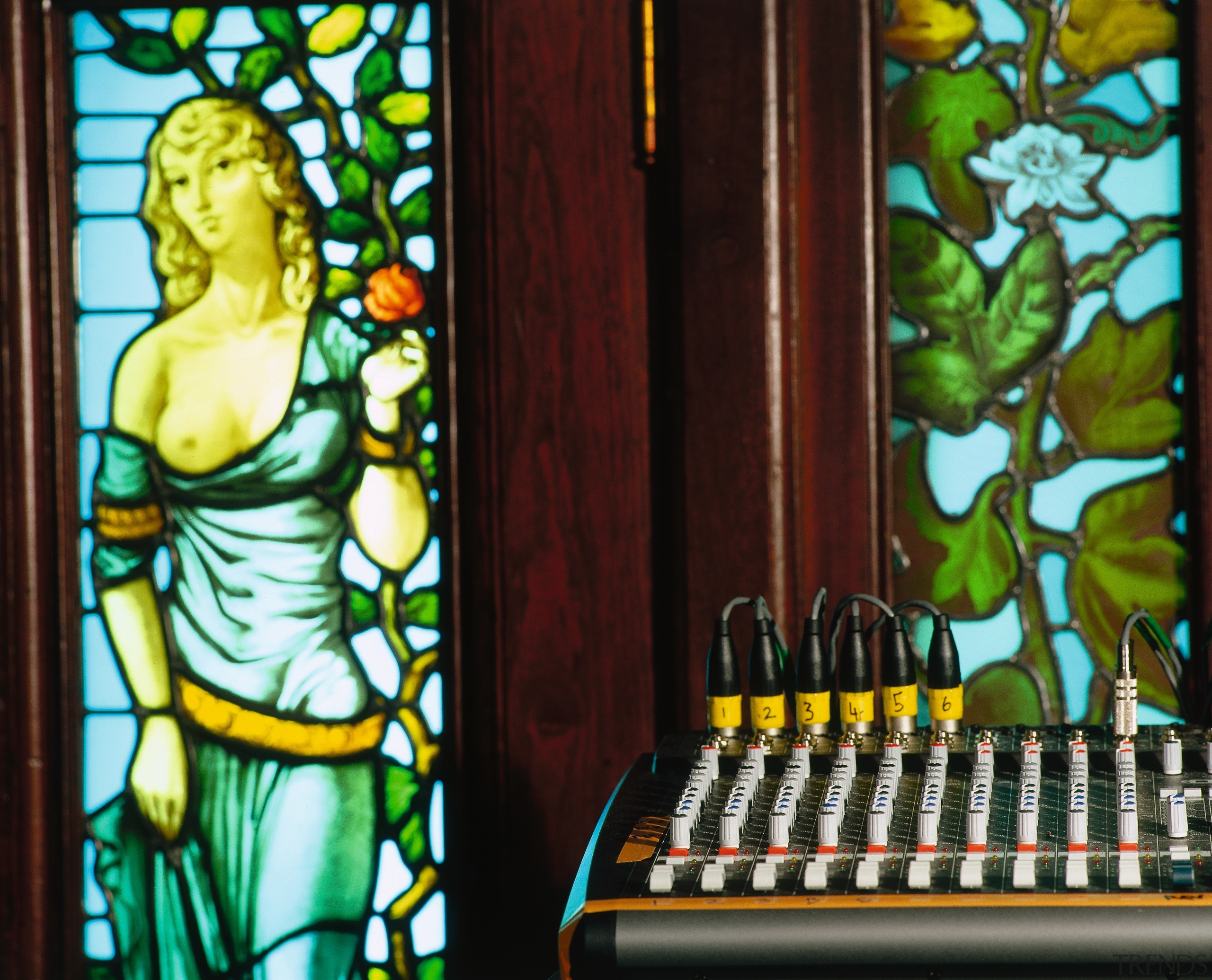 View of sound system panel and stained glass art, glass, material, stained glass, window, red