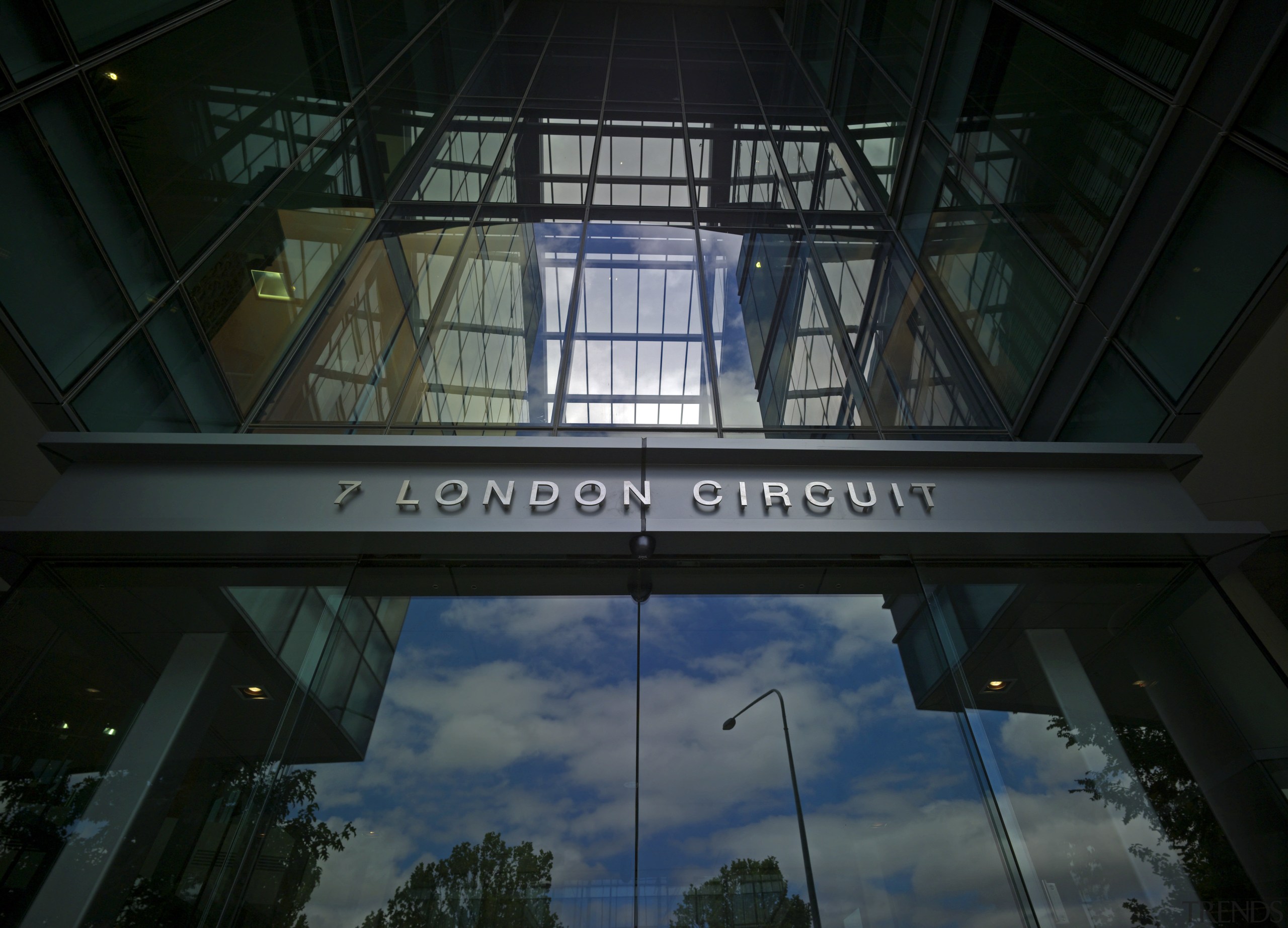 View of 7 London Circuit in Canberra. Leighton architecture, building, darkness, daylighting, daytime, glass, metropolitan area, reflection, sky, structure, black