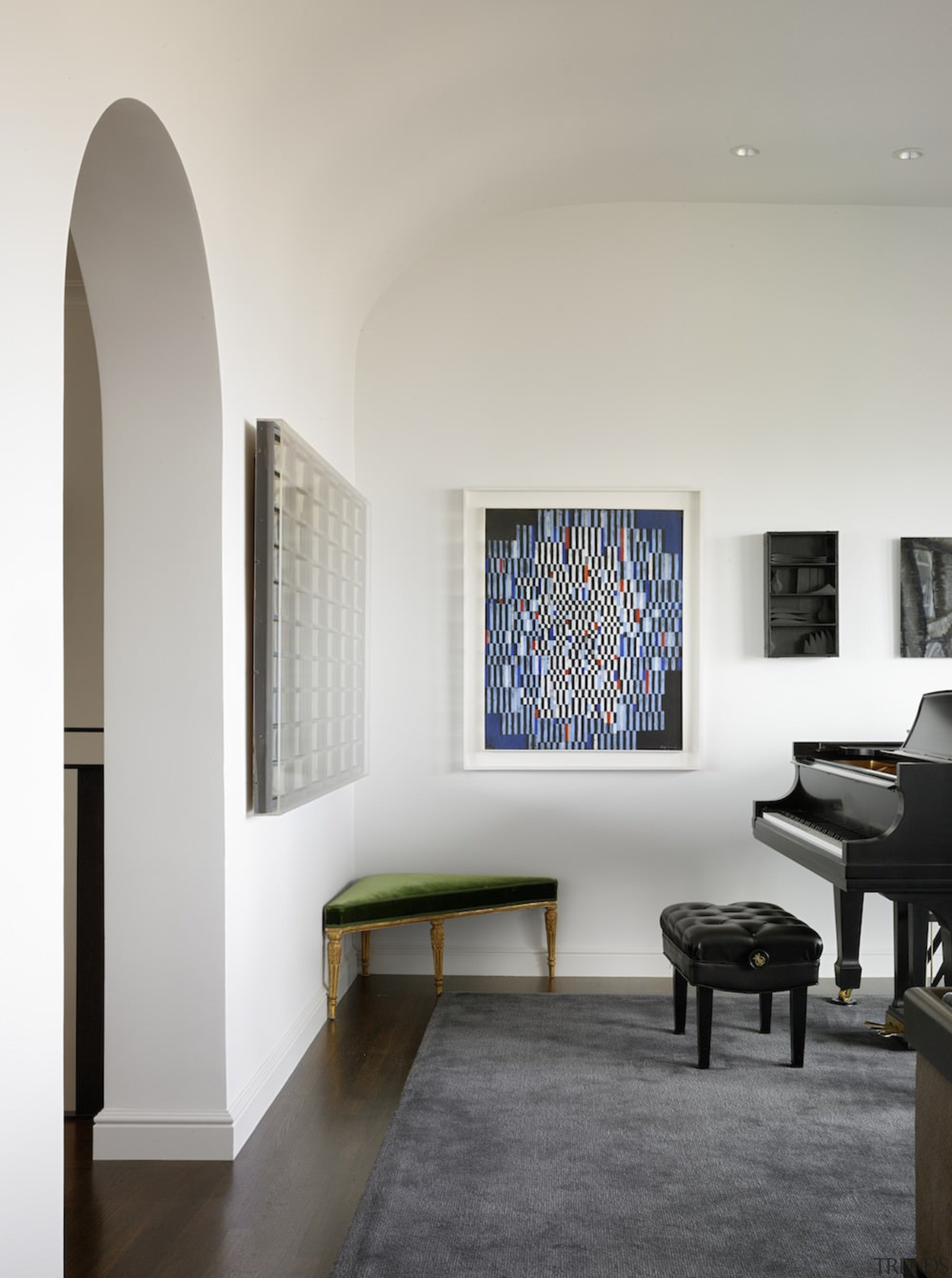 Adolf Fleischmann (1892-1968), “Comp. #530x”, 1961. Oil on architecture, ceiling, floor, furniture, interior design, living room, table, gray