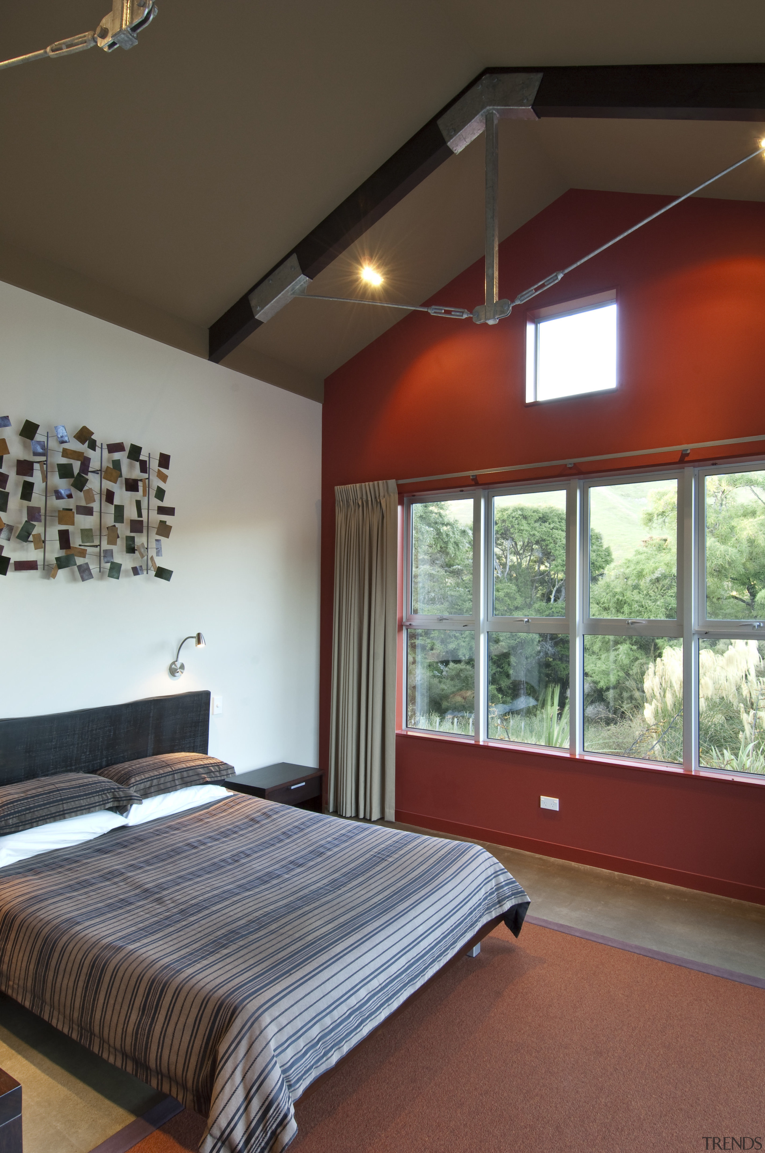 View of rural home with open plan lounge architecture, bed, bed frame, bedroom, ceiling, daylighting, estate, floor, flooring, home, house, interior design, real estate, room, wall, window, wood, brown, red