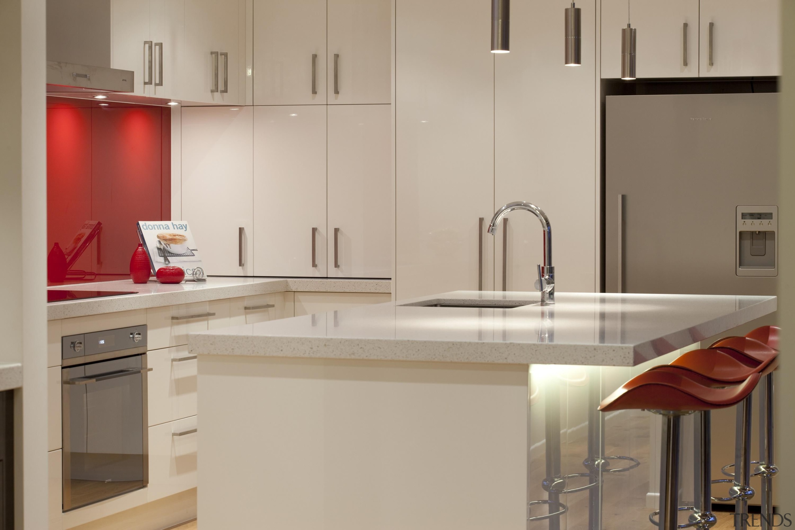 gloss, nougat caesarstone, red splashback - Blakey Kitchen cabinetry, countertop, cuisine classique, interior design, kitchen, product design, room, sink, tap, gray