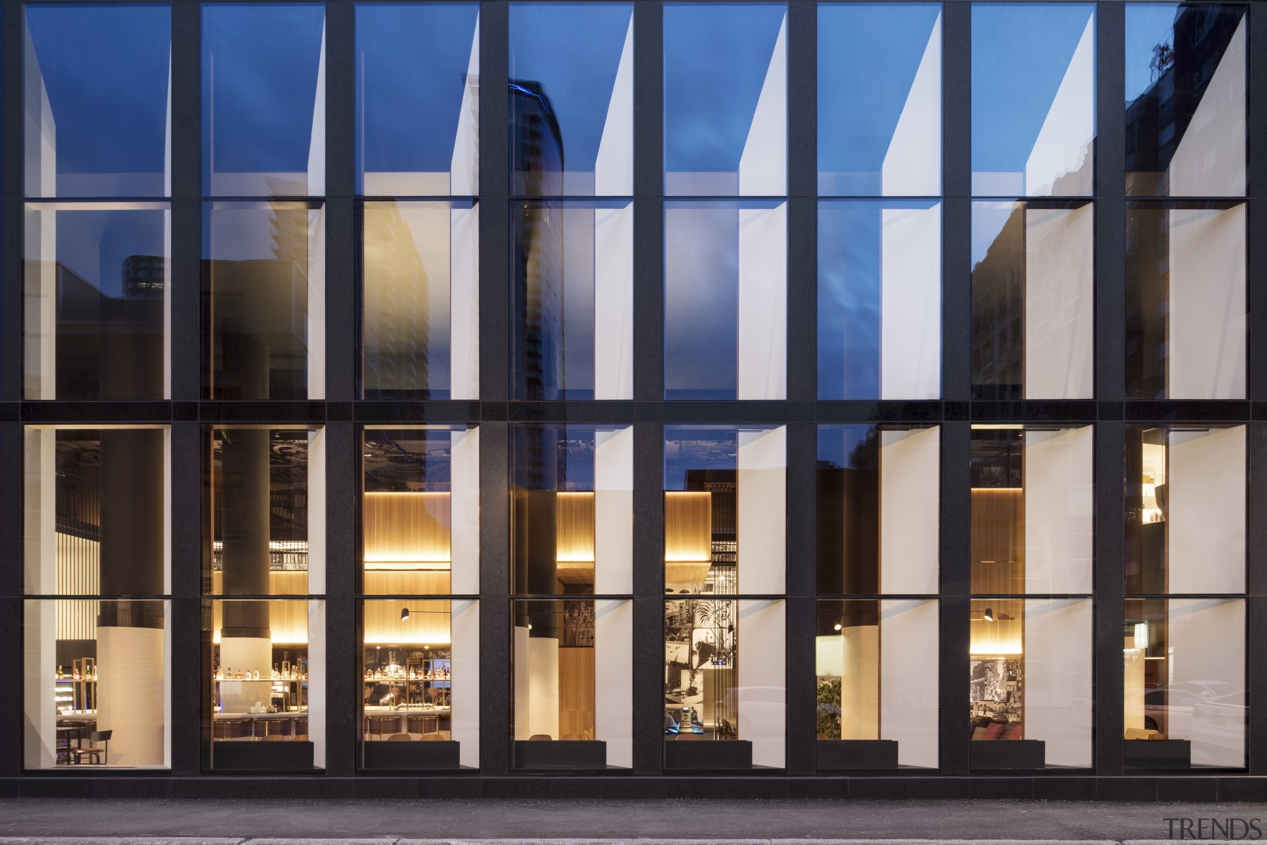 The Hotel Monville’s three-storey curtain wall podium gives architecture, building, facade, glass, metal, reflection, three story curtain wall,  hotel lobby