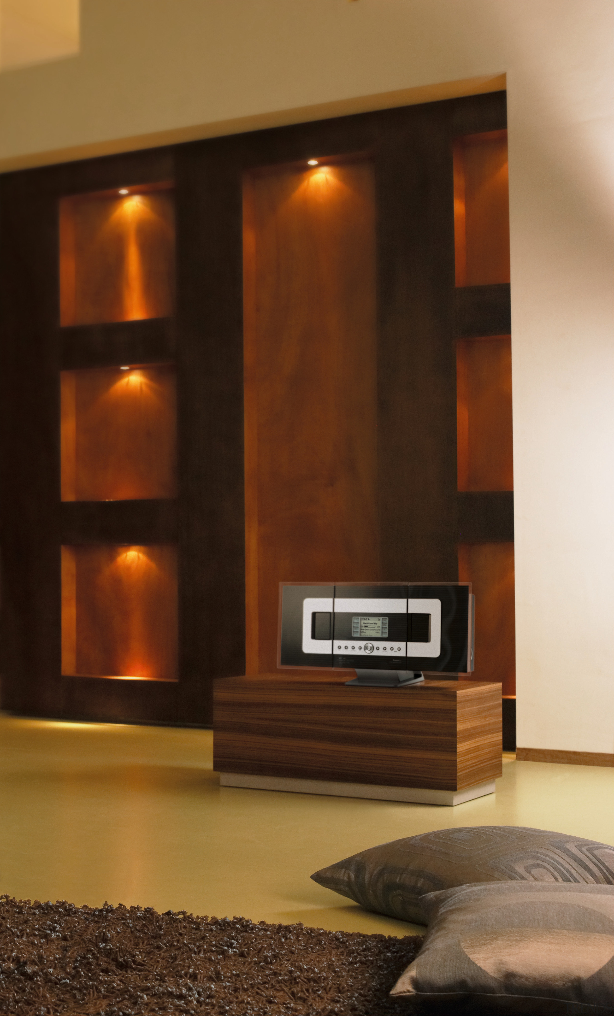 another new development from phillipsis the waveless music cabinetry, floor, flooring, furniture, hardwood, interior design, lighting, living room, wall, wood, wood stain, brown