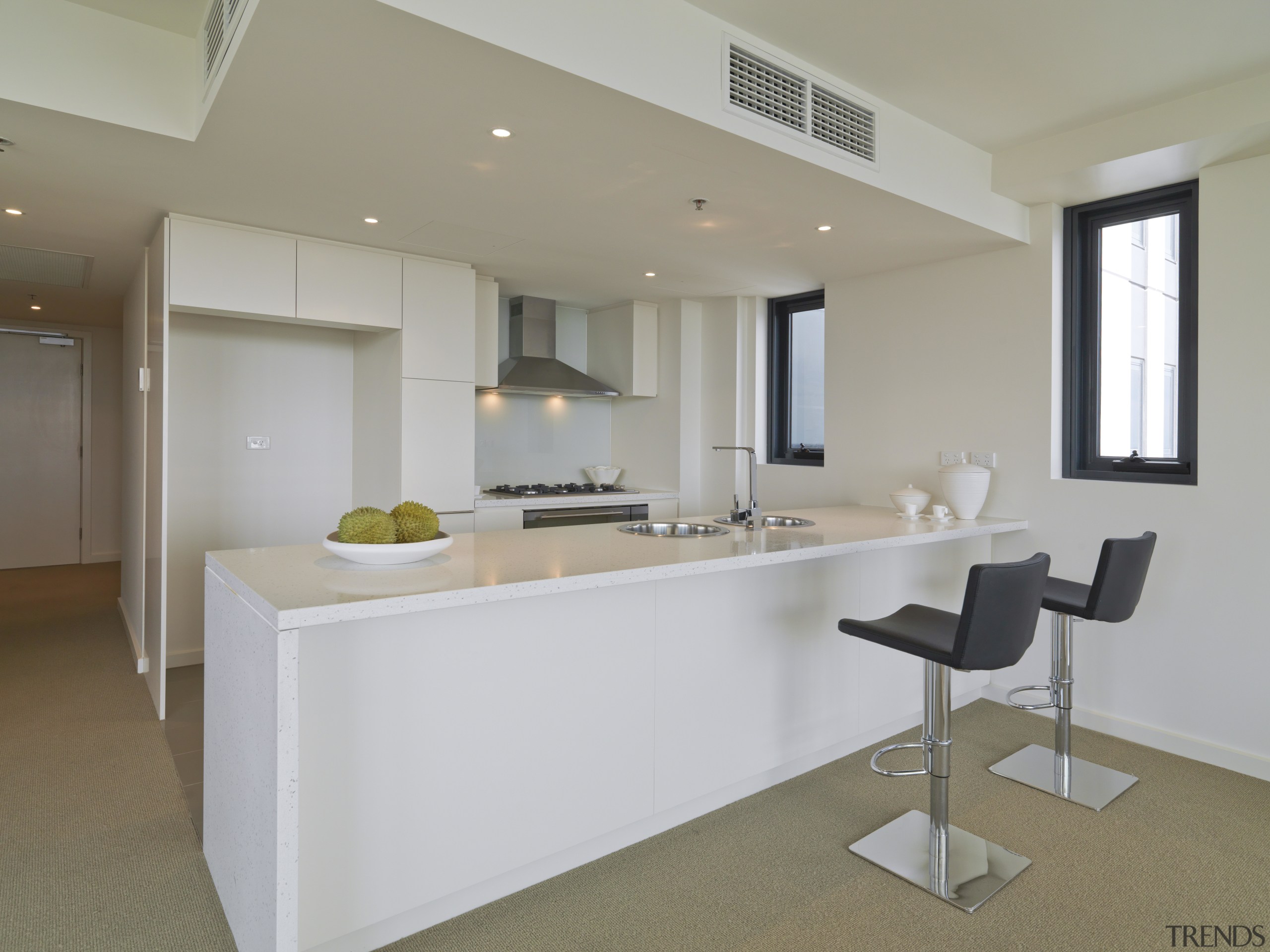 View of the kitchen area of an apartment countertop, interior design, kitchen, real estate, room, gray