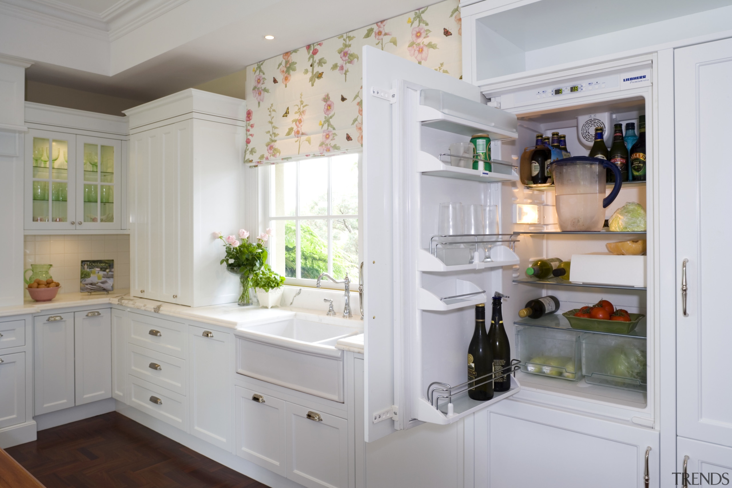 View of kitchen designed by architect Gary McFarlane cabinetry, countertop, cuisine classique, home, home appliance, interior design, kitchen, major appliance, refrigerator, room, window, gray