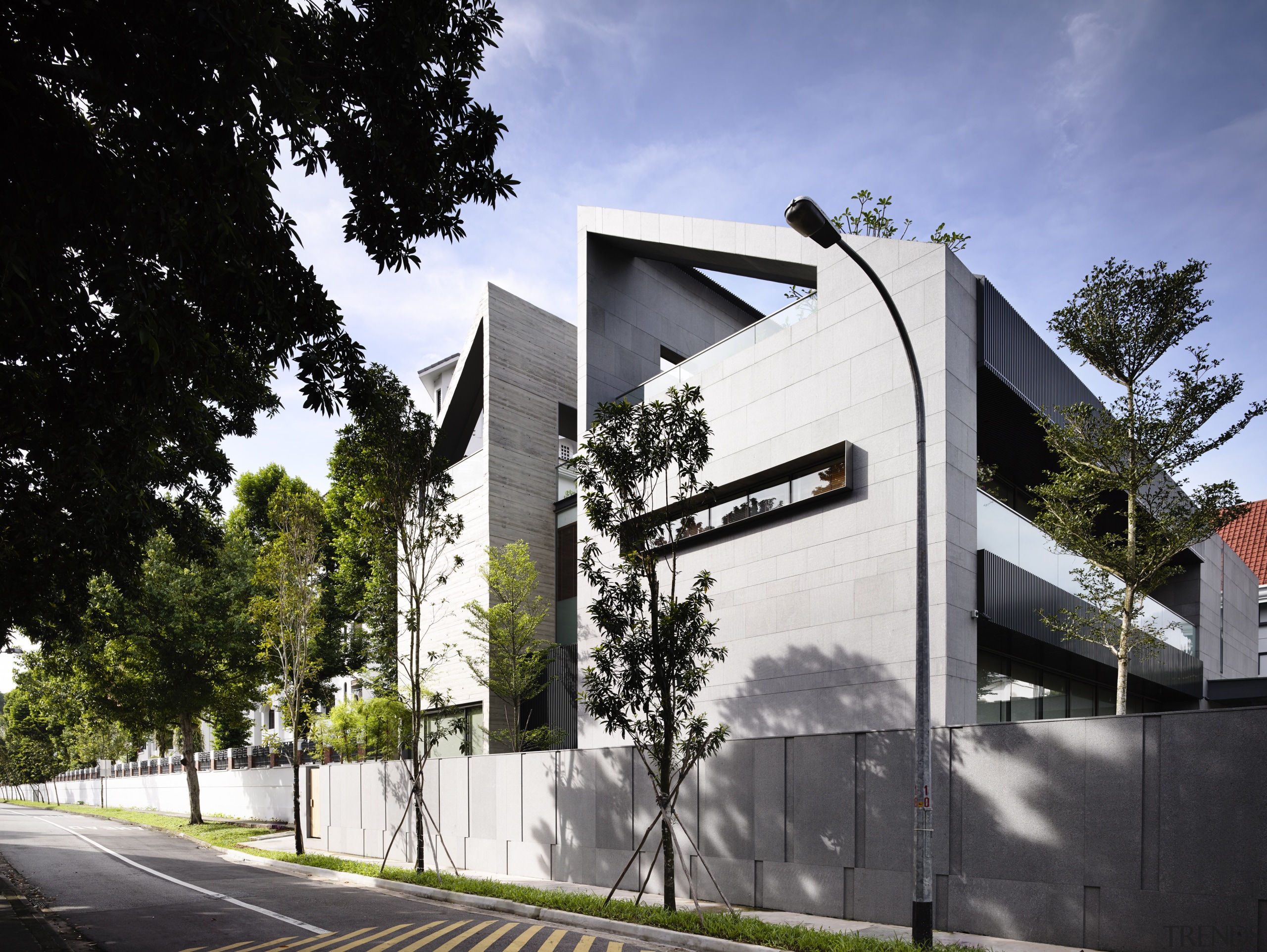 The two wings of this home by Ong&amp;Ong architecture, building, commercial building, corporate headquarters, facade, home, house, mixed use, neighbourhood, property, real estate, residential area, black