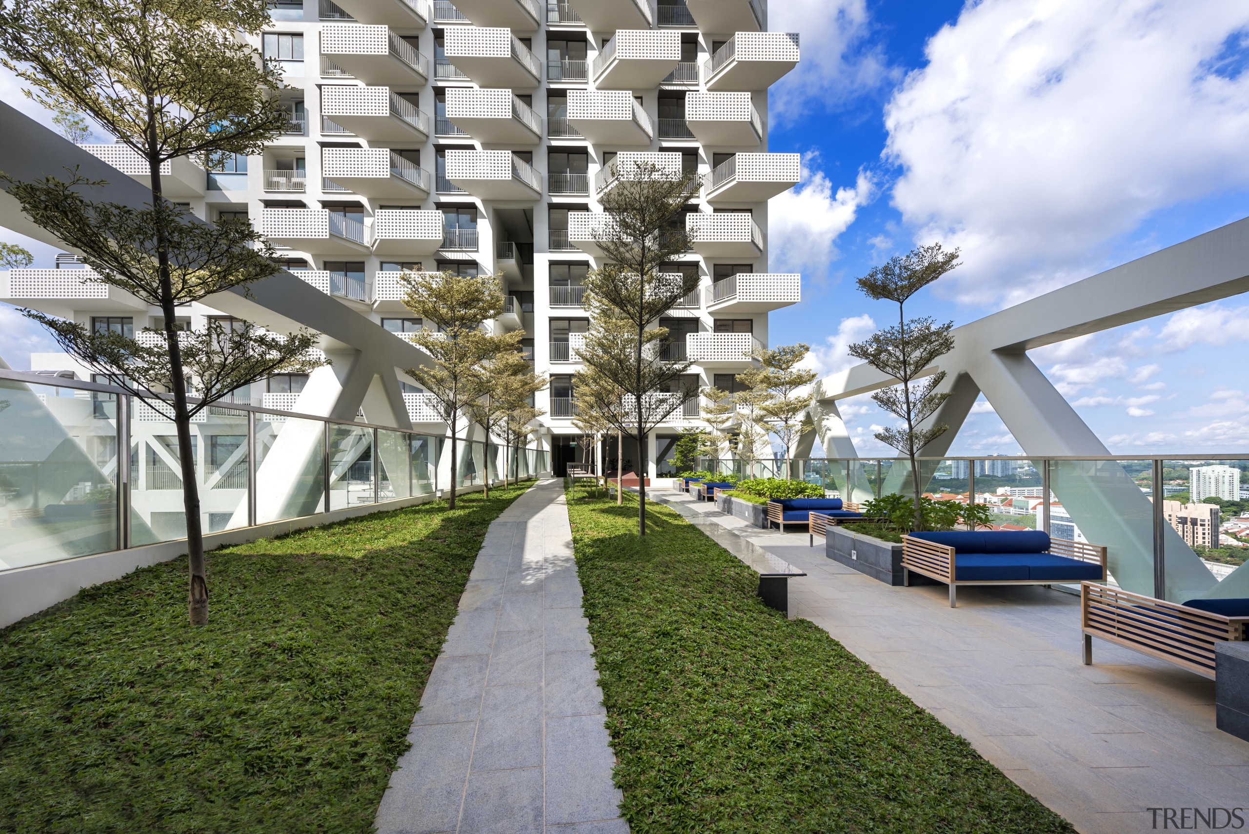 Central to Safdie Architects design of Sky Habitat apartment, architecture, building, condominium, mixed use, property, real estate, residential area, tree, urban design, white, gray