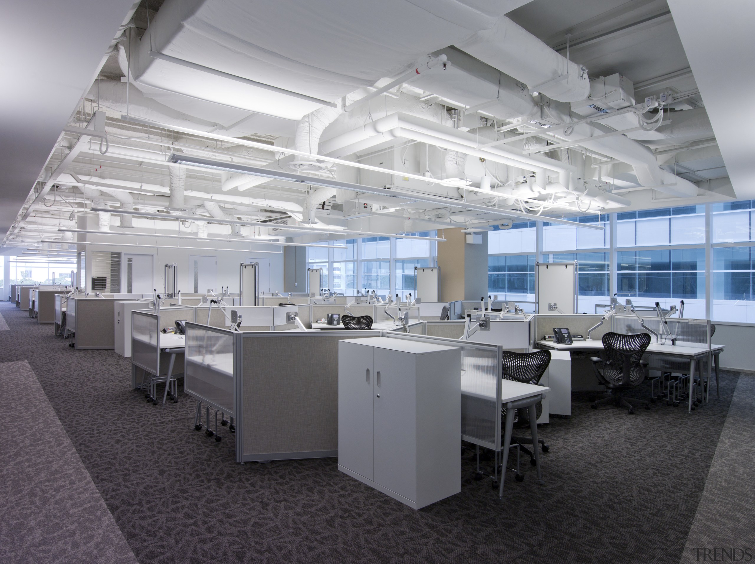 View of the Solaris building with AutoDesk fit-out, ceiling, daylighting, interior design, office, gray