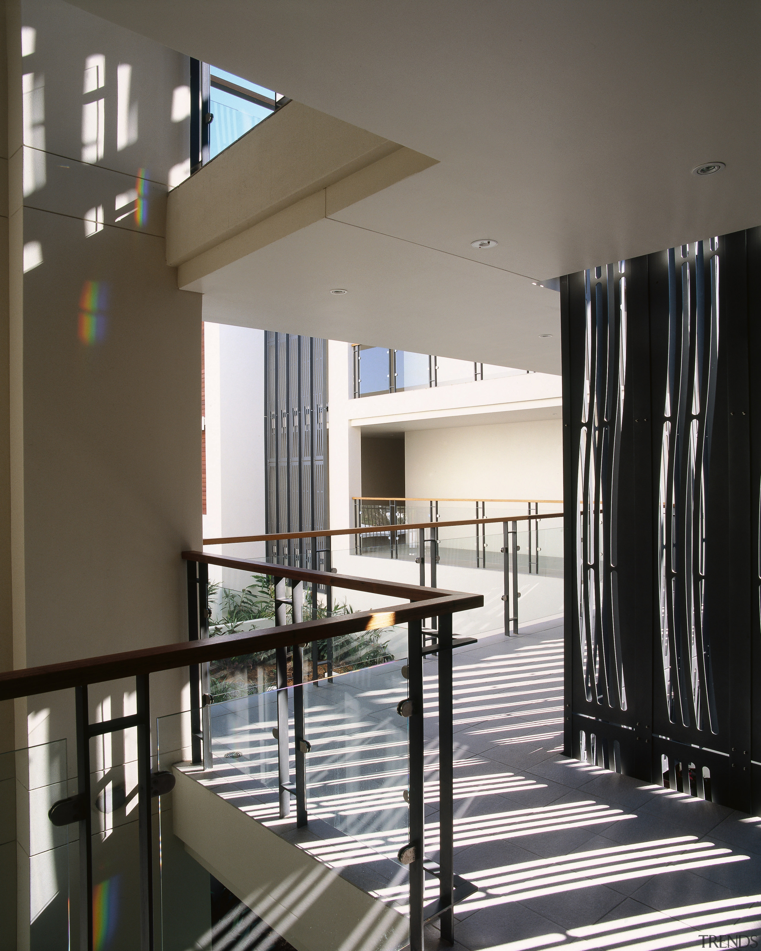 View of a walkway within a new Sydney architecture, ceiling, daylighting, handrail, house, interior design, gray, black