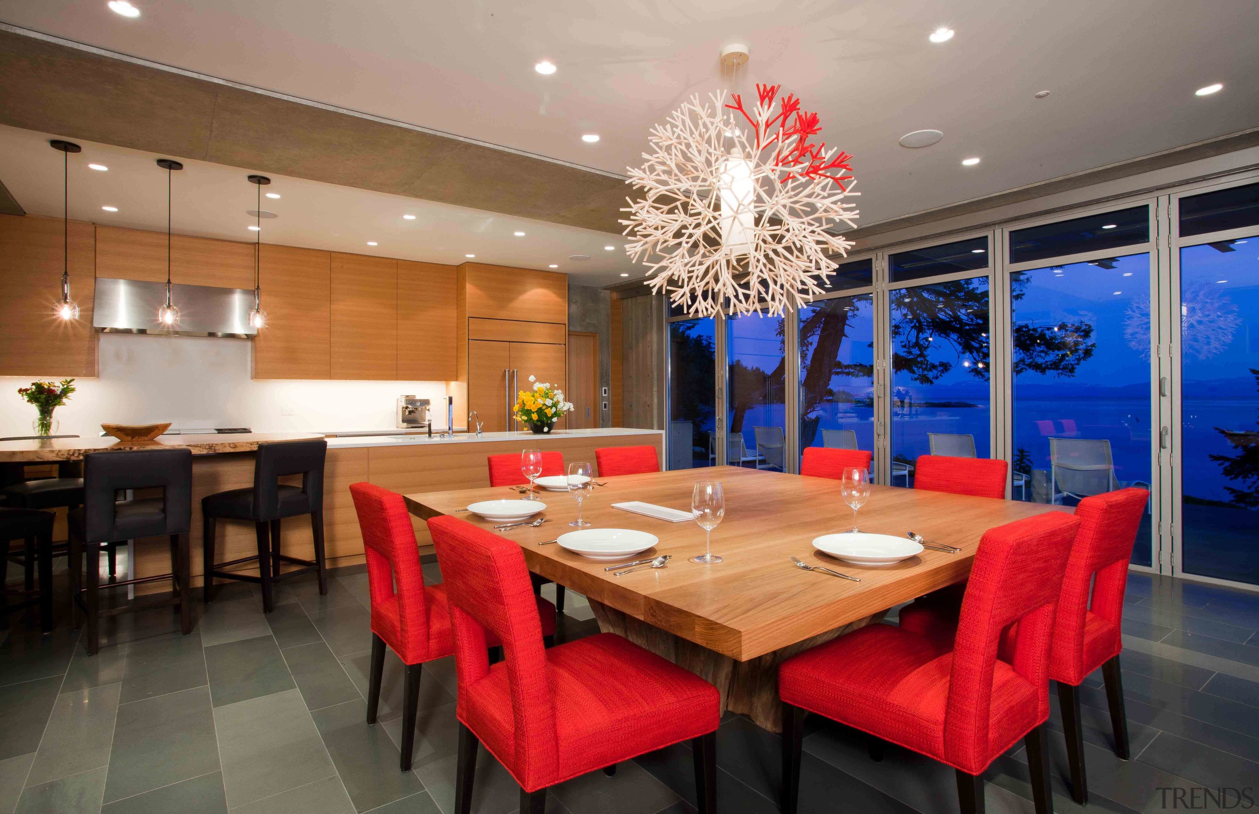 View of dining area with red chairs. - ceiling, dining room, interior design, real estate, restaurant, room, table, gray