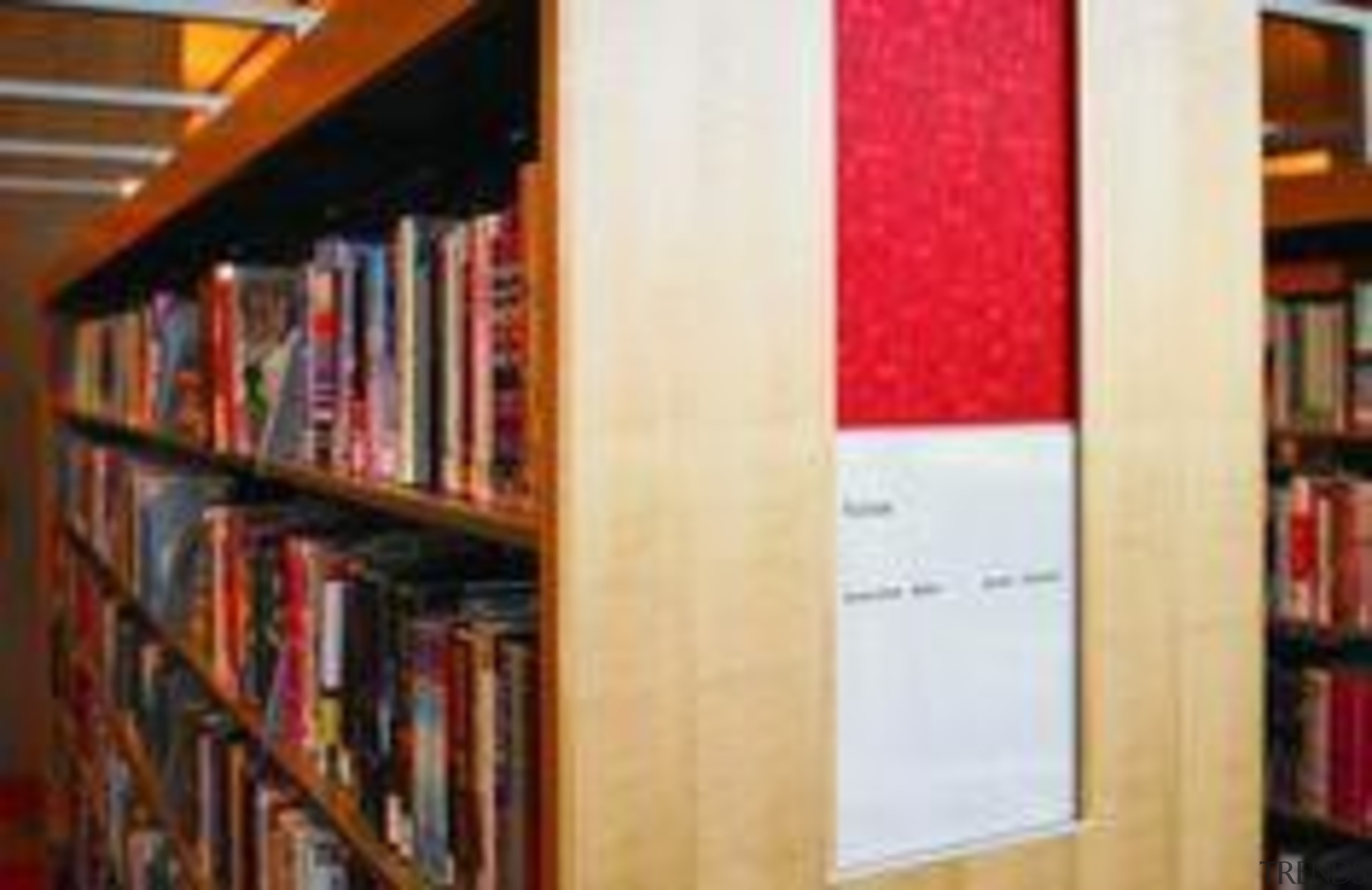 Library shelves featuring Formica Red Eclipse - Red book, bookcase, bookselling, furniture, institution, library, public library, shelf, shelving, white, red