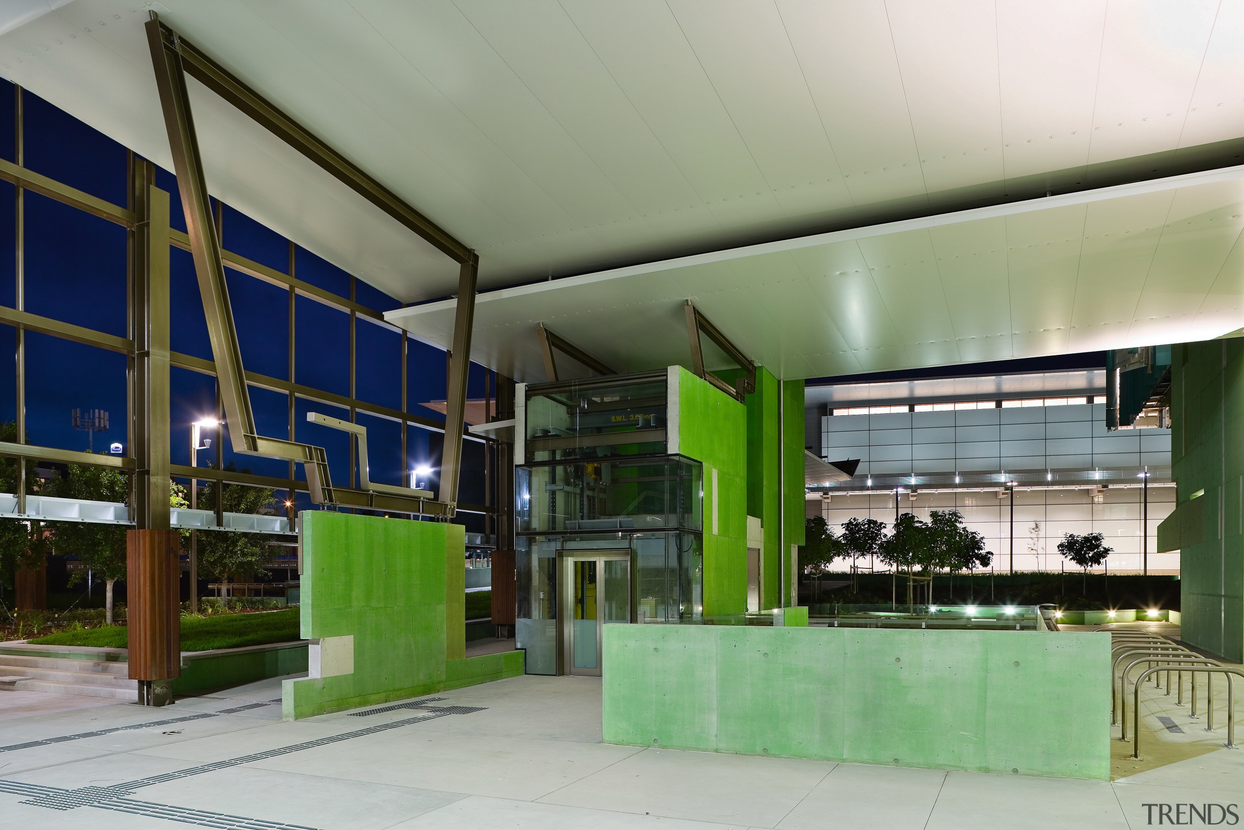 A view of some fabrication work done by architecture, green, gray, green