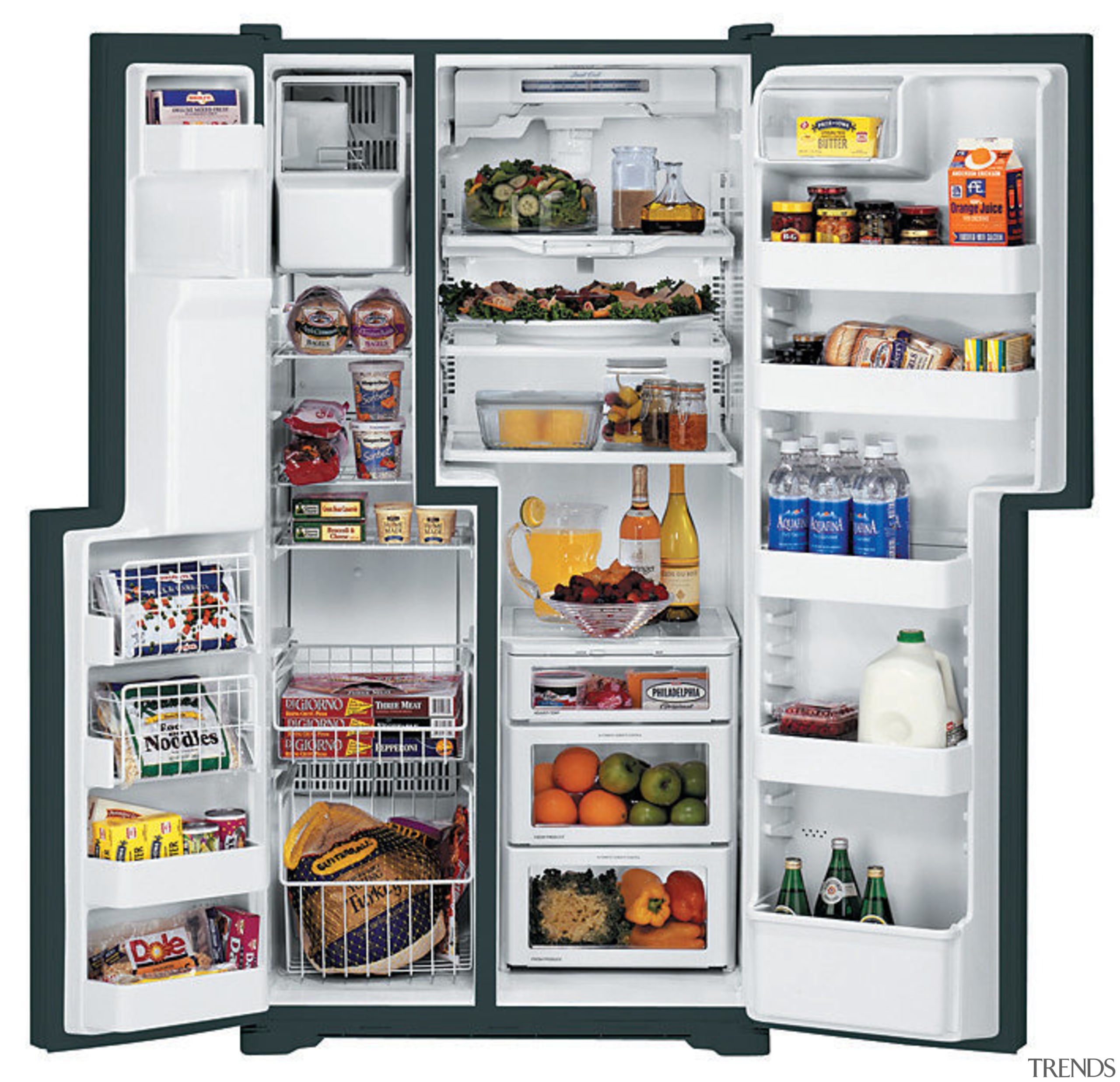 Side by side refrigertor and freezer with open home appliance, kitchen appliance, major appliance, product, refrigerator, white