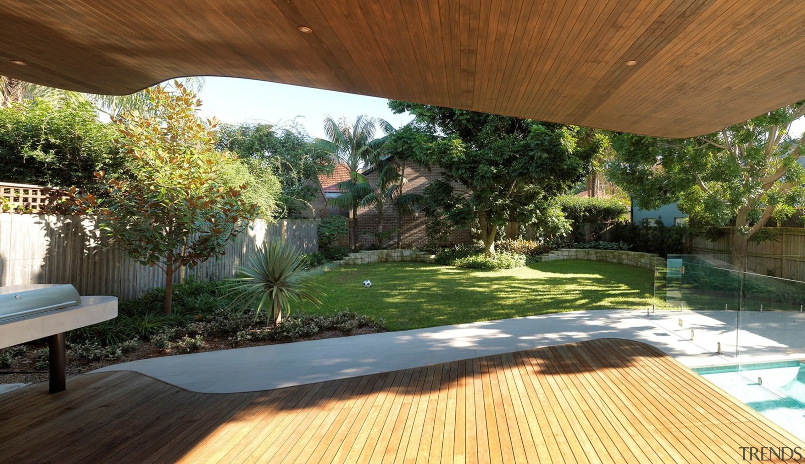 Western Red Cedar ceiling and Blackbutt decking mirror architecture, backyard, estate, home, house, landscape, leisure, outdoor structure, property, real estate, resort, swimming pool, yard, brown