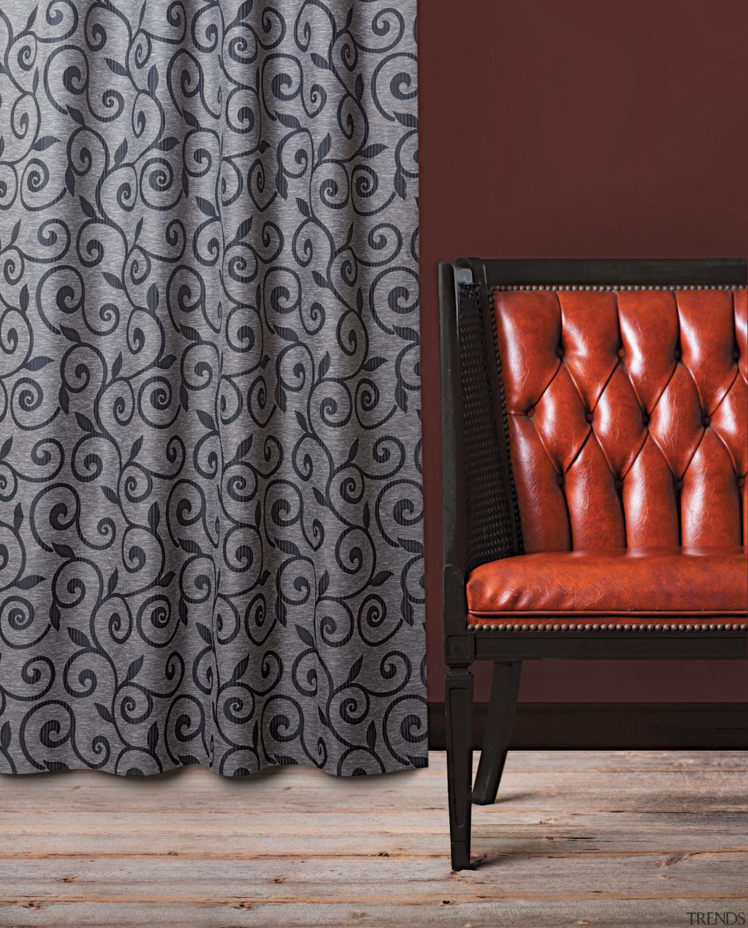 Lyrical Room Charcoal - curtain | floor | curtain, floor, interior design, pattern, textile, wall, window covering, window treatment, gray, red