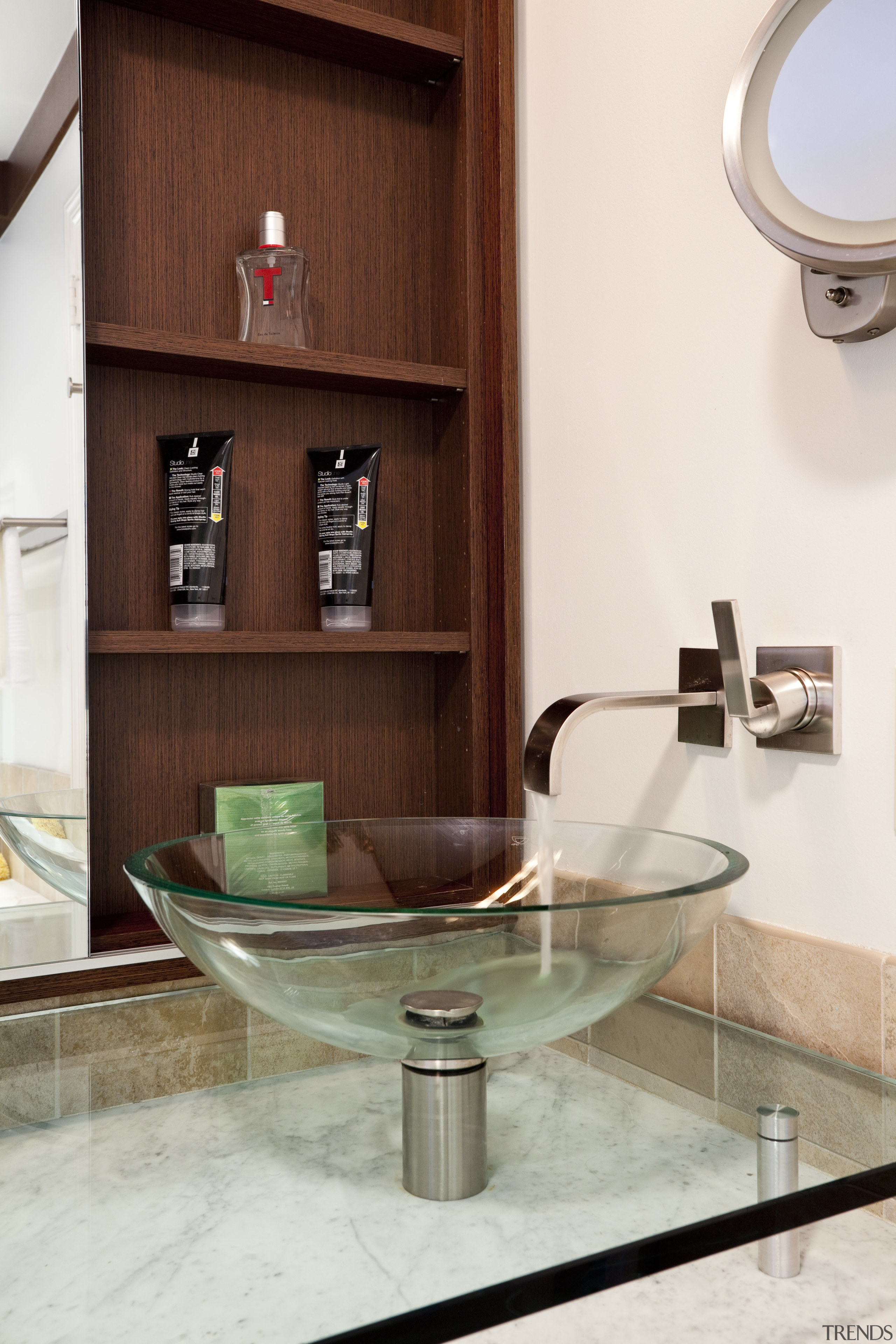 An environmentally friendly composite veneer on the vanity bathroom, bathroom accessory, ceramic, coffee table, countertop, furniture, interior design, plumbing fixture, product design, shelf, shelving, sink, table, tap, white, red