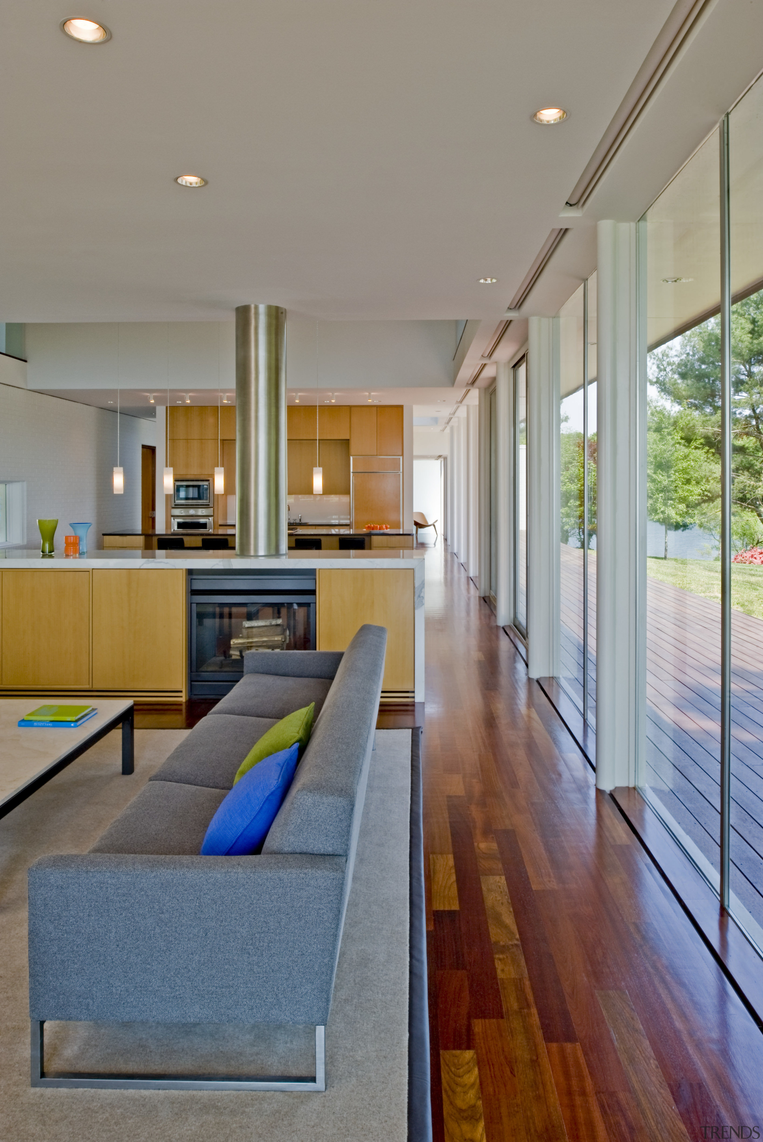 View of lounge area with wooden flooring. - architecture, ceiling, daylighting, floor, flooring, hardwood, home, house, interior design, living room, real estate, wall, wood flooring, gray