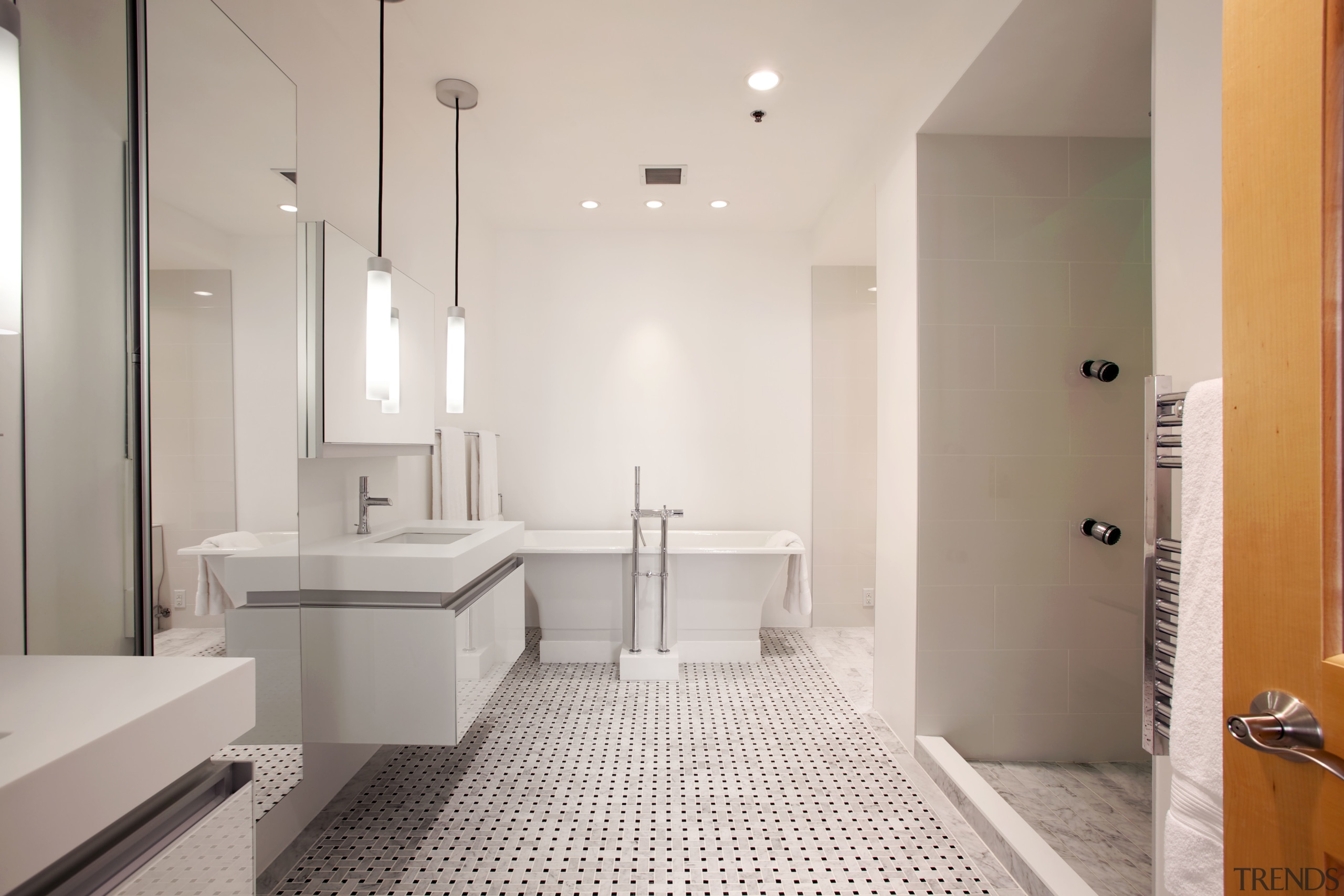 Fresh white bathroom with chromatherapy - Fresh white architecture, bathroom, ceiling, floor, flooring, home, interior design, property, real estate, room, sink, tile, gray
