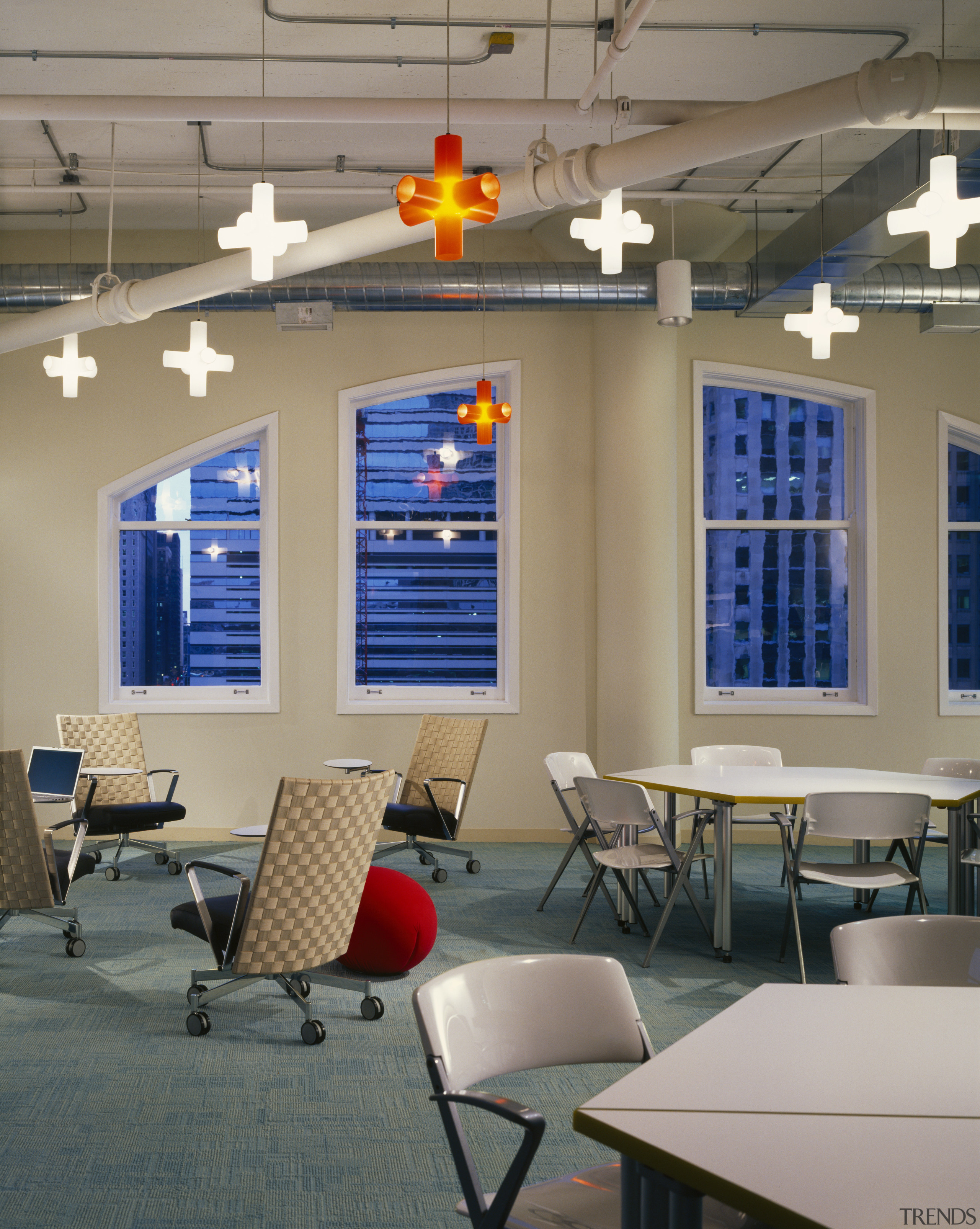 A view of the office works stations and ceiling, classroom, furniture, interior design, table, gray