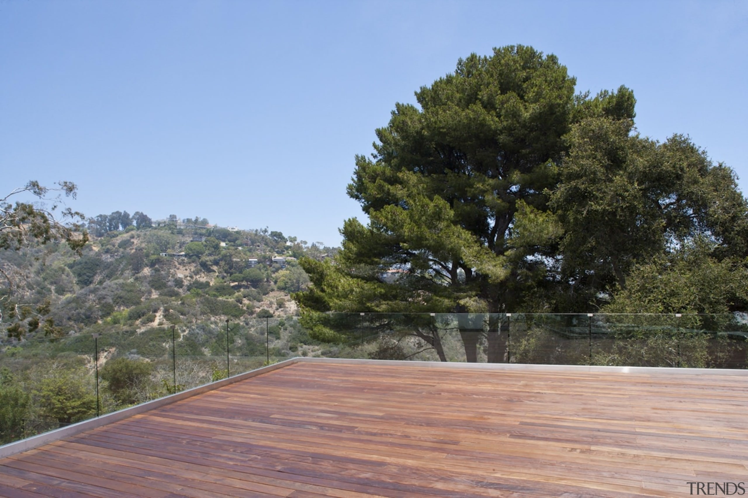 The rooftop deck has views out to the outdoor structure, plant, property, real estate, roof, sky, tree, wood, teal, gray