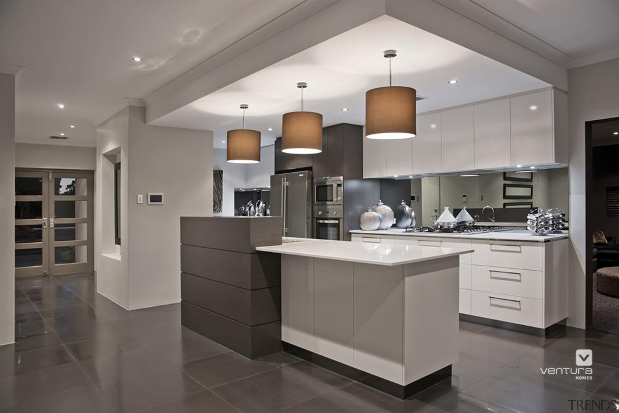 Kitchen design. - The Providence Display Home - cabinetry, ceiling, countertop, cuisine classique, floor, flooring, interior design, kitchen, real estate, room, gray