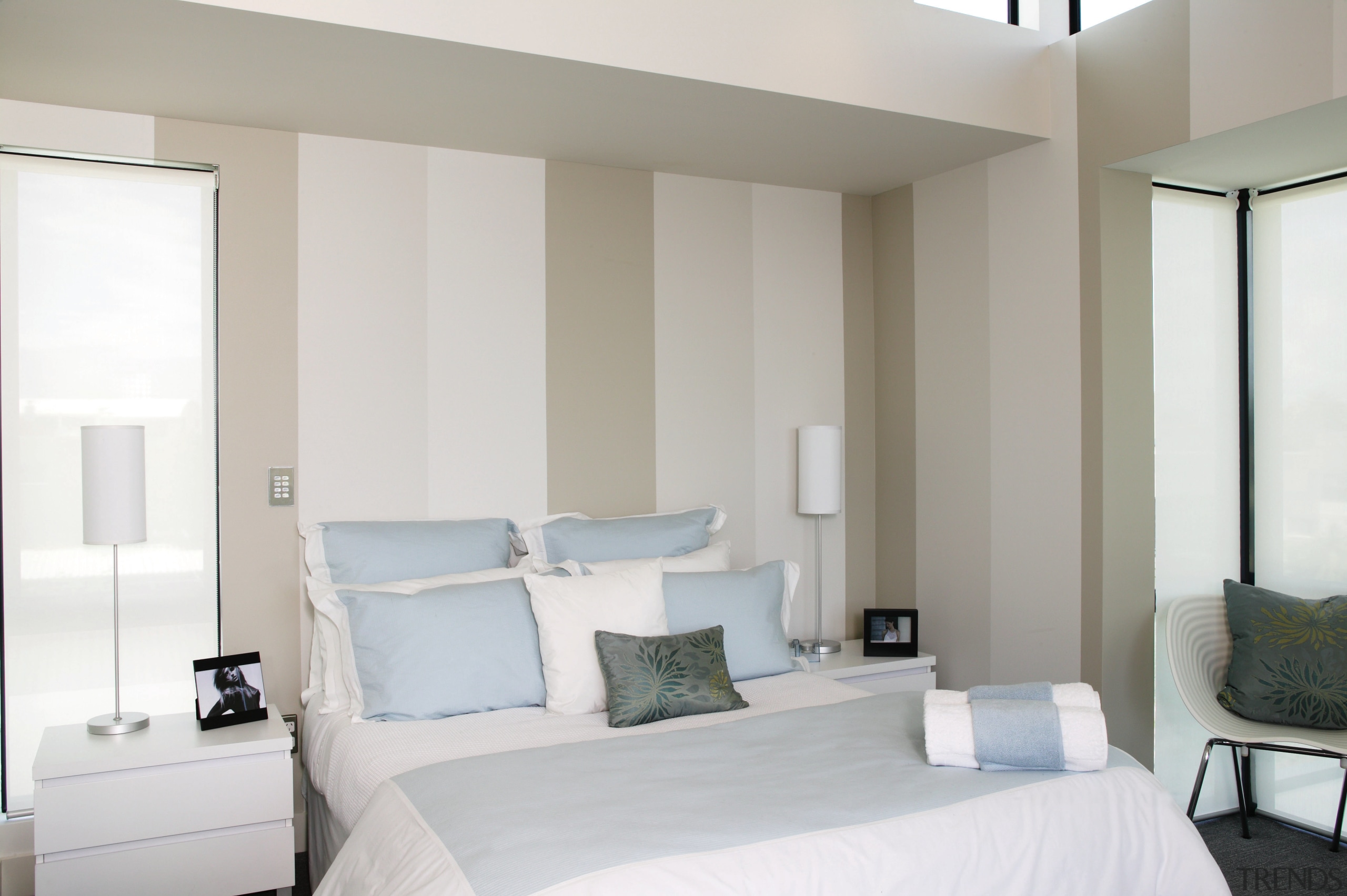 A view of some interior paints by Resene. architecture, bed frame, bedroom, ceiling, home, interior design, real estate, room, suite, wall, window, window covering, gray, white