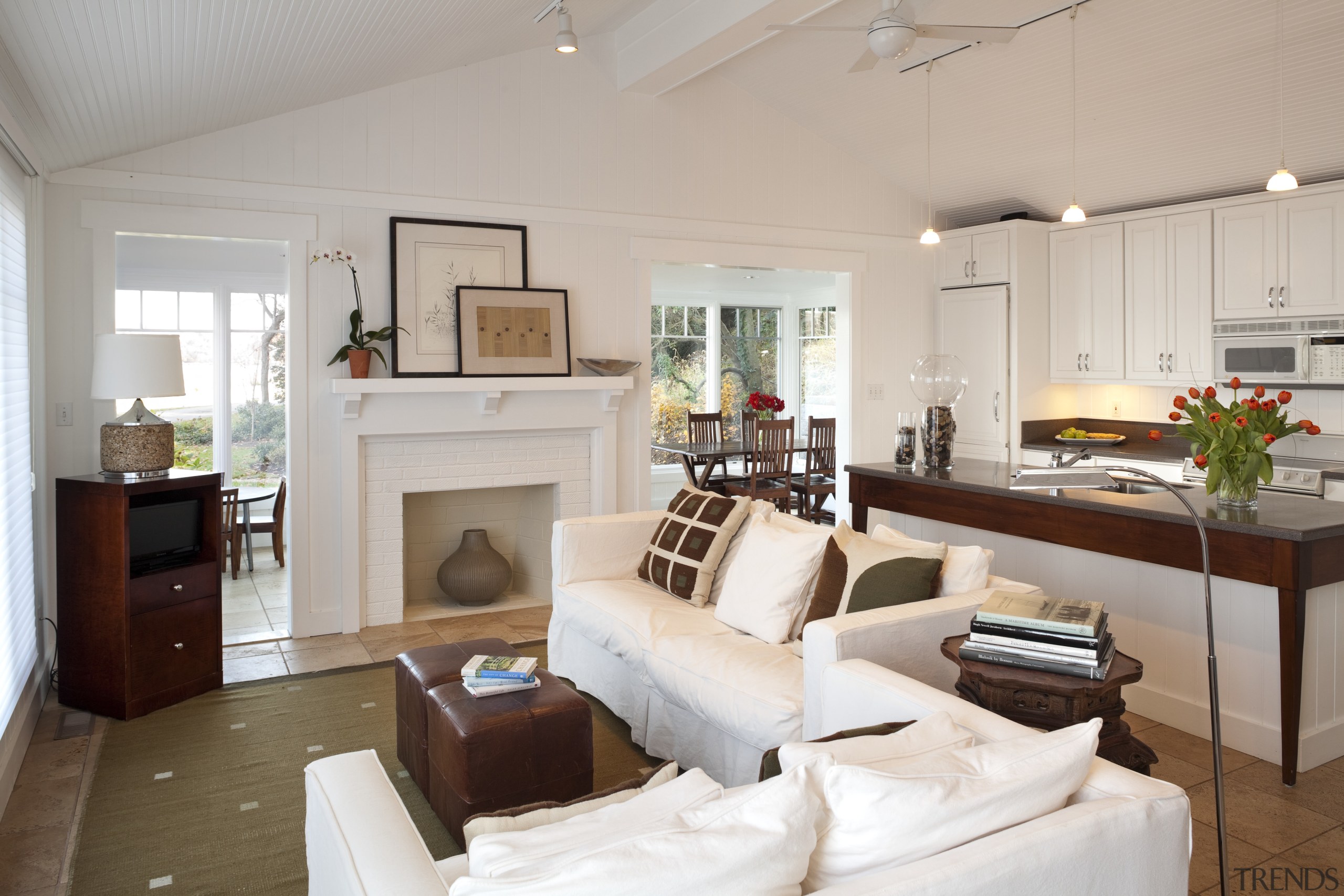 Lounge with white couches, brown cushions and wooden ceiling, home, interior design, living room, real estate, room, gray