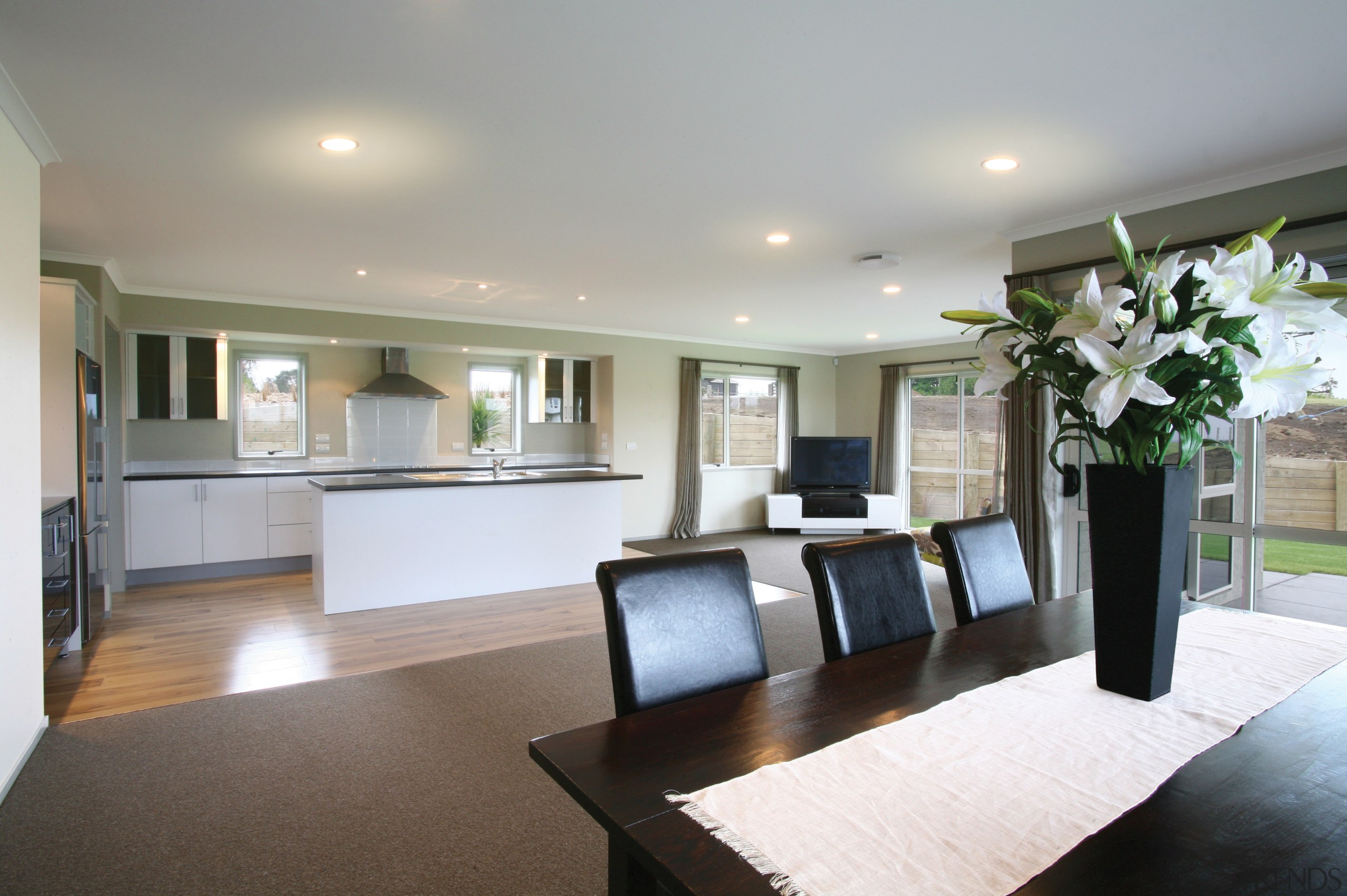 View of open-plan kitchen and dining area of ceiling, home, interior design, living room, property, real estate, room, gray