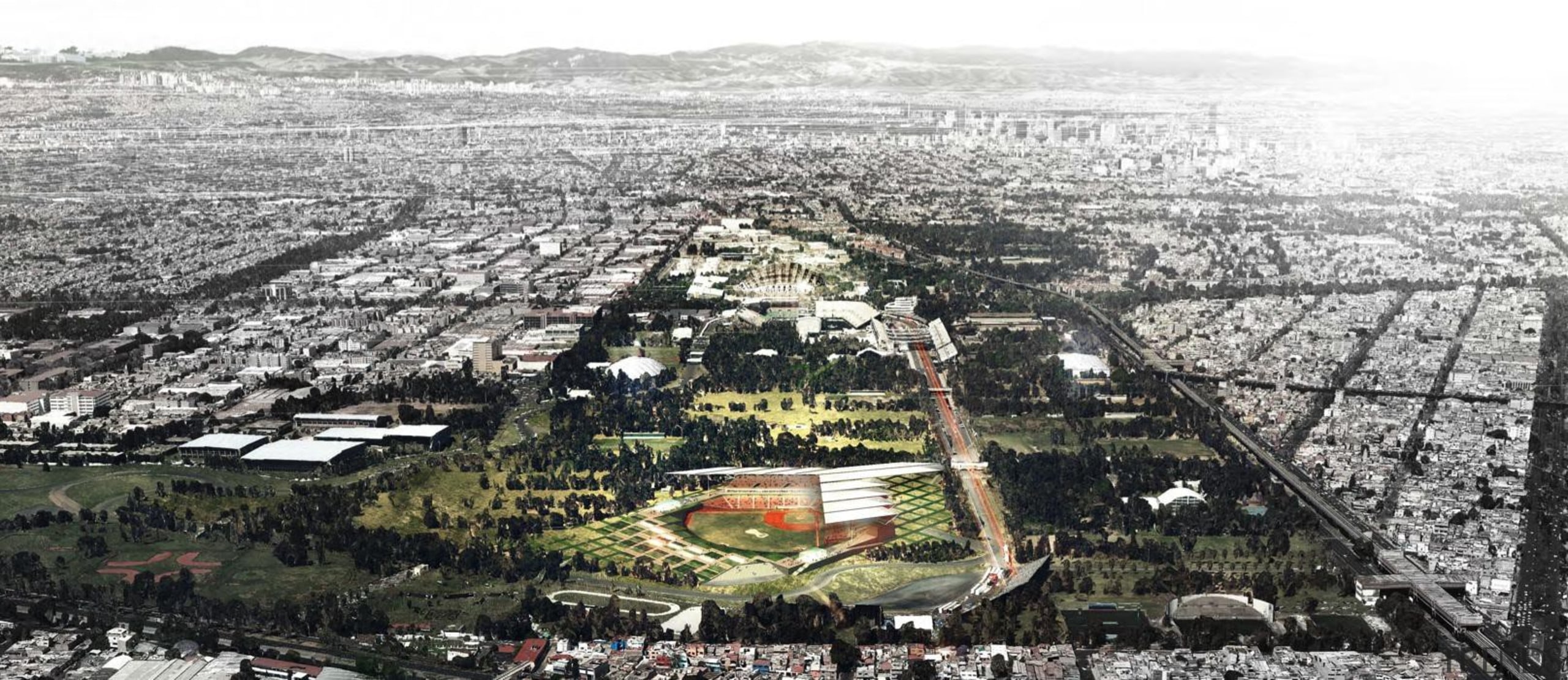 Estadio Diablos is the new stadium design for aerial photography, bird's eye view, city, metropolis, metropolitan area, residential area, suburb, urban area, urban design, white, black