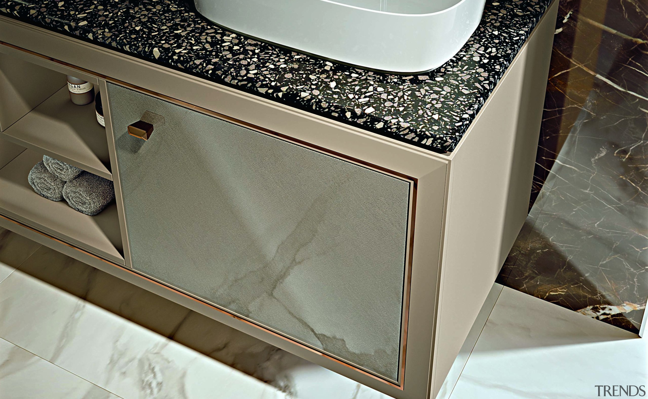 The suspended vanity unit with double sink features 