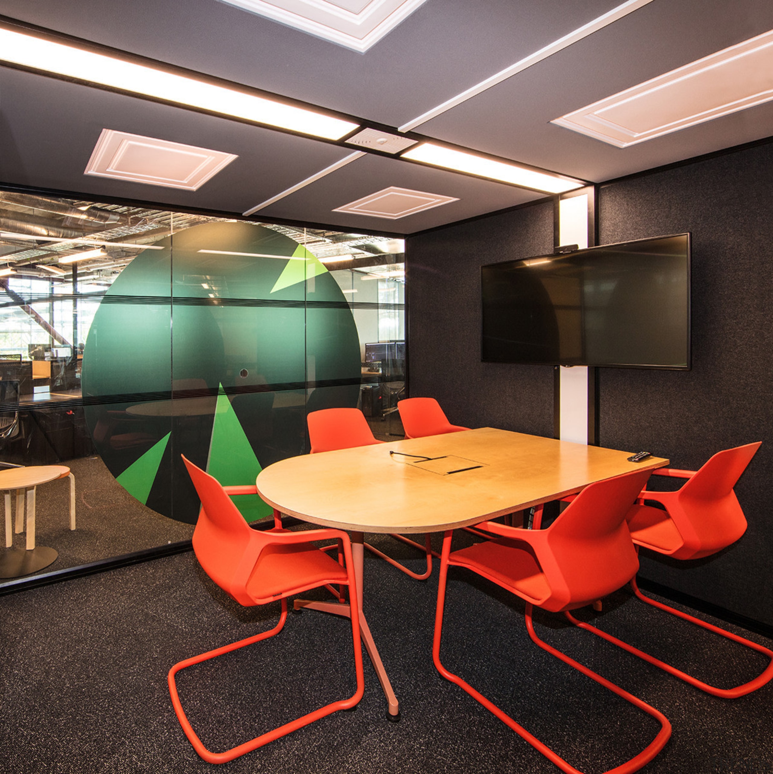 Much like the B:HIVE’s open office floors, the architecture, ceiling, chair, conference hall, furniture, interior design, office, table, black
