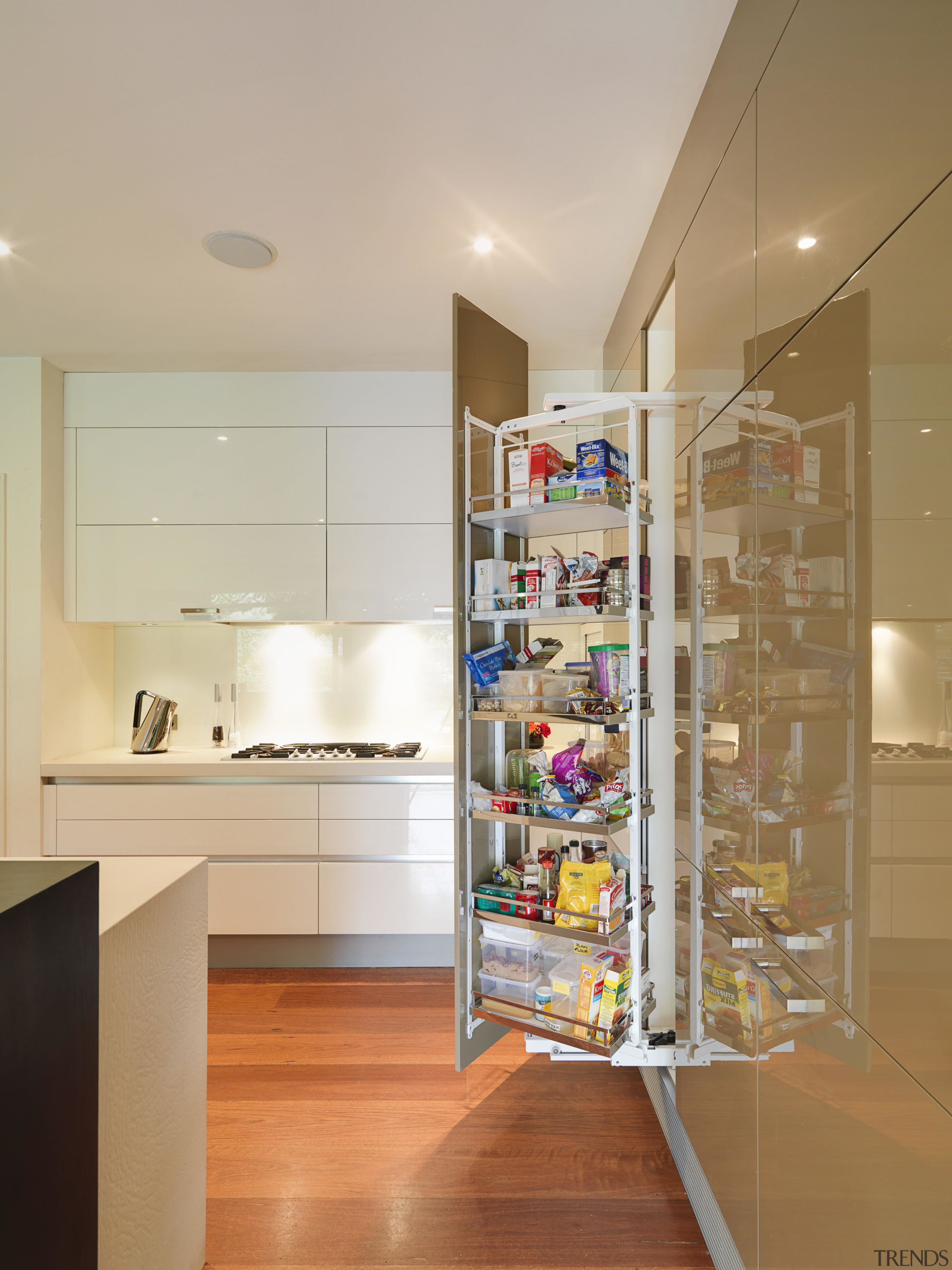 Warm colours featured in this traditional kitchen - cabinetry, countertop, interior design, kitchen, room, shelf, shelving, gray, brown