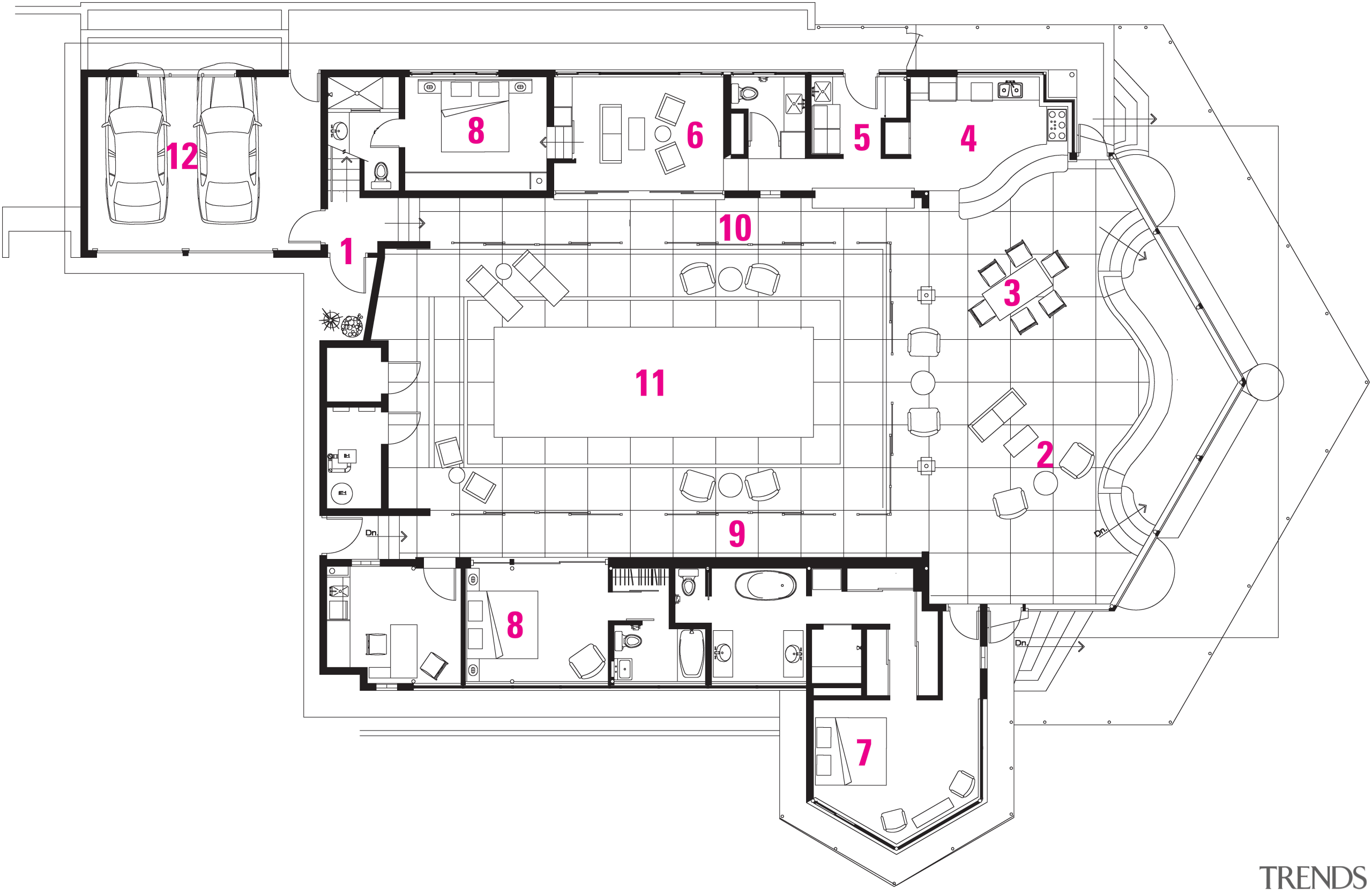 View of the oceanfront Butterfly House in Carmel area, design, diagram, drawing, floor plan, line, plan, product design, white